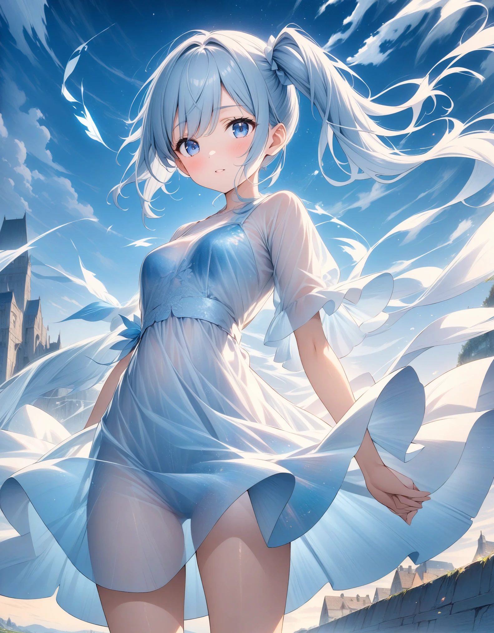 ((style:Colored pencil,pale colour)),(anime)、(masterpiece:1.2),atmospheric perspective,lens flare、(Country in the Sky)、(Princess)、Otherworldly fantasy、cute、Hair fluttering in the wind、((A transparent dress that evokes the image of wind))、Clear blue sky、Light pours down from above、Very mysterious girl、Light effects、Light blue and white gradient hair color、Side Ponytail、Blue Eyes、((A work that visualizes the wind))