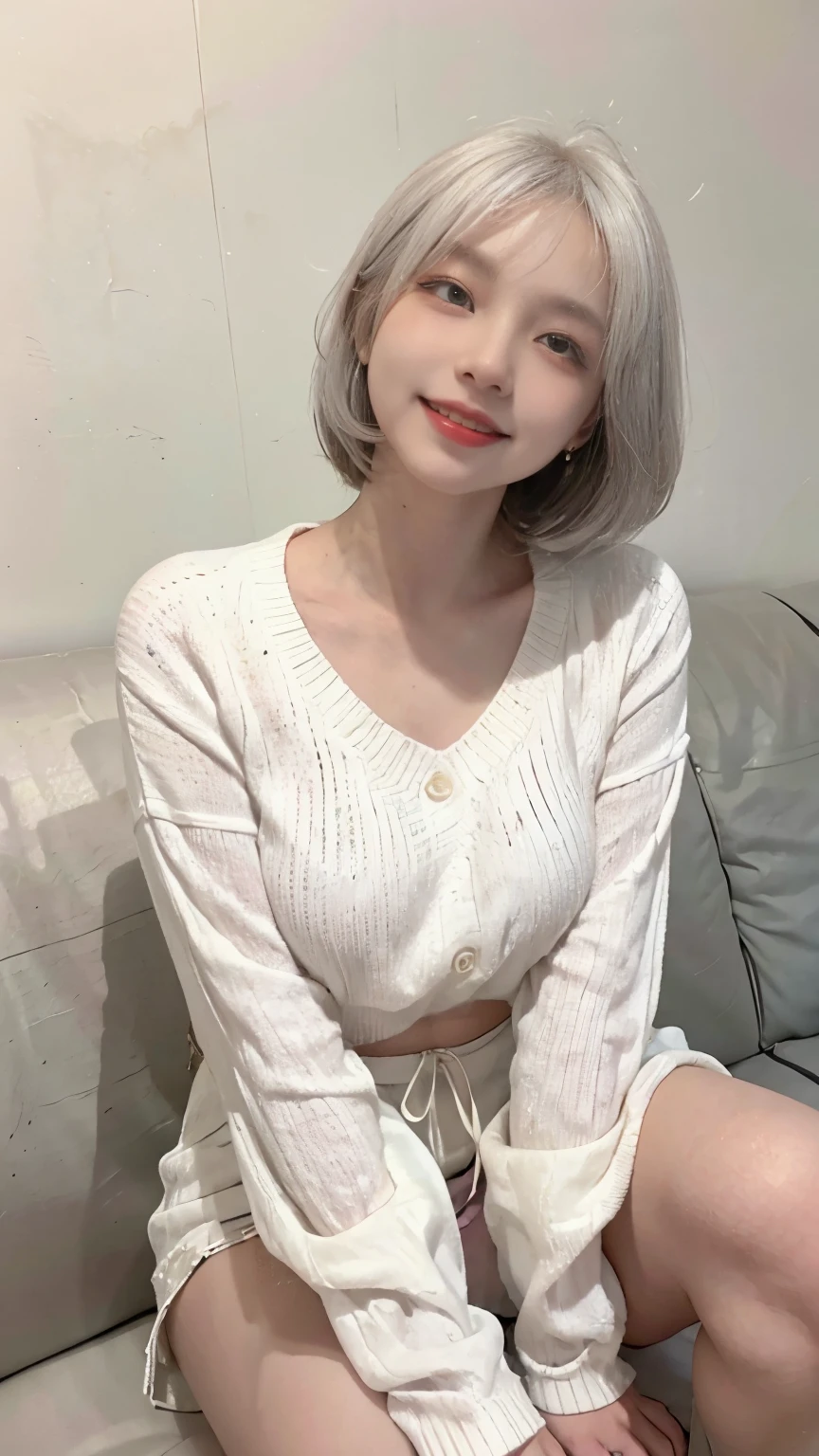 Best image quality、Raw photo、超A high resolution、21 year old Korean、、Dynamic Angle、Cowboy Shot、Chaos in its most beautiful form、elegant、Brutalist Design、Beautiful white hair、Vibrant colors、Short Bob、smile、fun、smile、Glowing White Skin、Beautiful eyes with random colors、Very thin lips、Beautiful eyes in every detail、Long, narrow eyes、Pale pink blush、Long eyelashes、Beautiful double eyelids、eye shadow、Bright white hair、sofa、large summer sweater、Short sleeves、sit、、Full body shot、Full body shotする