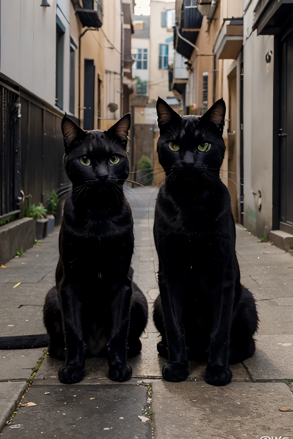 Two realistic 3D cats wary of each other in a city background, One is an orange tabby cat with a rough appearance, the other is a sleek black cat.. Please draw it so that it is on both sides of a narrow alley., They glare at each other and guard each other...