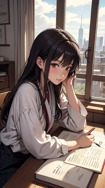 Japanese female high school student, studying in her room during summer vacation, cityscape and white clouds visible through wooden window grille, textbook and coffee cup on wooden desk, left hand resting on cheekbones, right hand holding pencil and writing something in notebook.