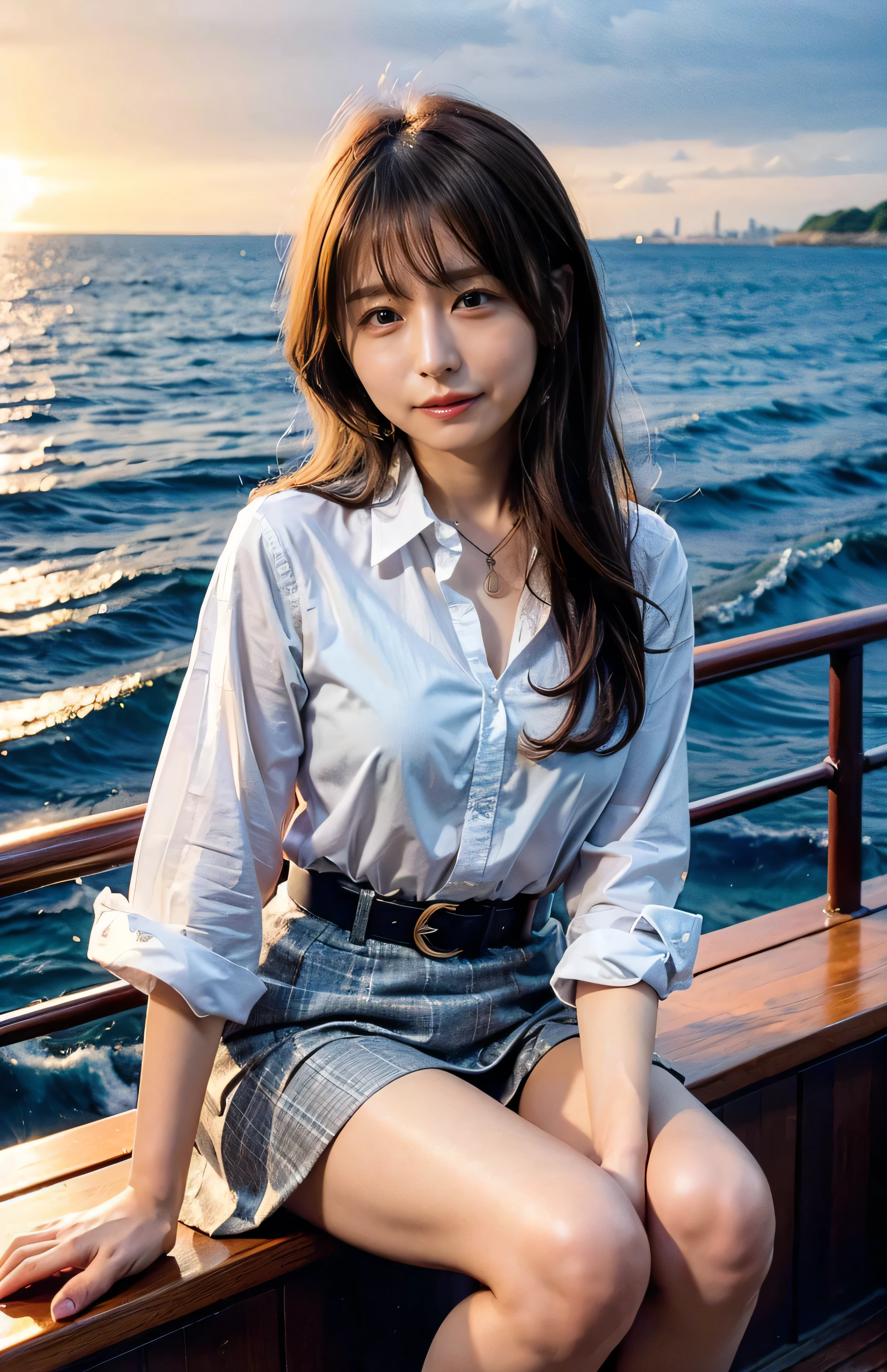 The sky turns red、Woman standing on a boat、Light brown hair、Elegant hairstyle、Blue Eyed Woman、A woman with a cute upward gaze、When the sky gets dark、The gentle lights of the ship shine、The sky turns red as the sun sets、Tight clothing that shows your body lines、、A classy white blouse or white collared shirt、The first button of her blouse is lewdly open、Genuine Leather Belt、革のShort skirt、Dress elegantly着こなす、Luxury Bags、、((Medium Short Hair:1.4))、Skyscrapers seen across the sea、Manhattan 私sland is visible offshore、Woman on a sightseeing boat、、The sun shines on her、Light brown hair、Light brown hair、The sky was dyed red、There are clouds、私t's cute、An elegantly dressed woman is sitting on a boat and watching the sunset、Her ample breasts are obvious even through her clothes..、The shining sun is so beautiful、Dusk is approaching、Lens flare、私 can see the sun setting、((Sunlight reflecting off the ocean、Ocean View、The sun shines on the ocean、'beautiful.、Small earrings、私t'evening、Birds are also flying、、Brown Hair Color、Tying up hair、The woman is on the right:1.4))、Luxury Leather Belts、Shiny clothes、Light beige hair color、Background Blur、Braid only the front hair、Light brown hair、{{Cowgirl Shot}}、((Close-up shot from the waist up、Ample breasts:1.4))、Smile、Silk clothing、Ample breasts that can be seen even through clothes、Braid only the front hair、Cowboy Shot、Gorgeous white collared silk shirt and brown skirt、Dress elegantly、Luxury Bags、A lovely smile、((Ample breasts))、Full body photo、ring、Short skirt、Tuck your hair behind one ear、Silver Necklace、smile、 Elegant ponytail、Caustics、Highly detailed photos、Very beautiful and ideal short hair、Super no makeup、(8k、RAW Photos、highest quality、masterpiece:1.2)、(Realistic、Realistic)、1 girl、((Medium Short Hair、Looking into the camera:1.4))、Hair blowing in the wind