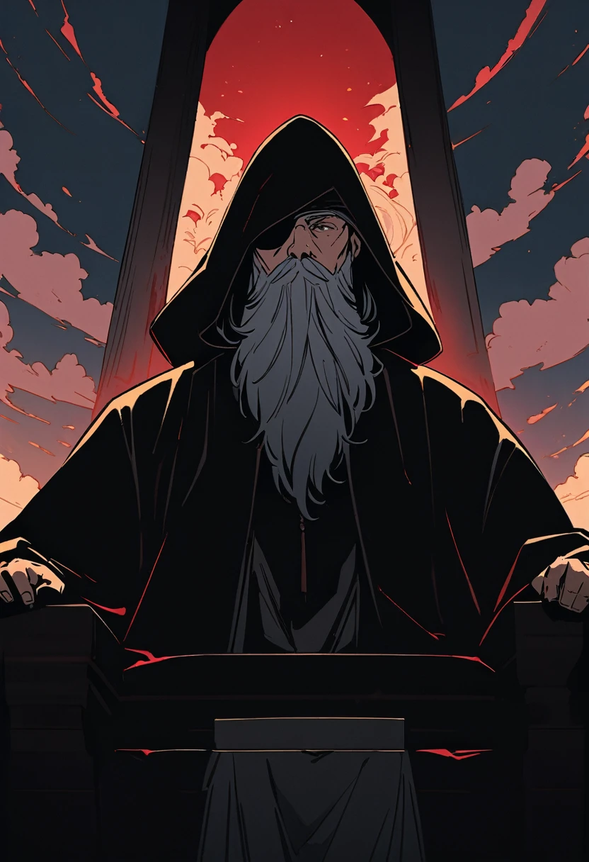 flat color,(masterpiece, best quality,ultra-detailed:1.2) ,An old man,((only left eyepatch)),Wearing black hood and robes,Grey Mustache and Long Beard,he has spear,sitting Dark Hall Throne,cloud effects,dynamic angle,beautiful lighting, photographic portrait, sharp,