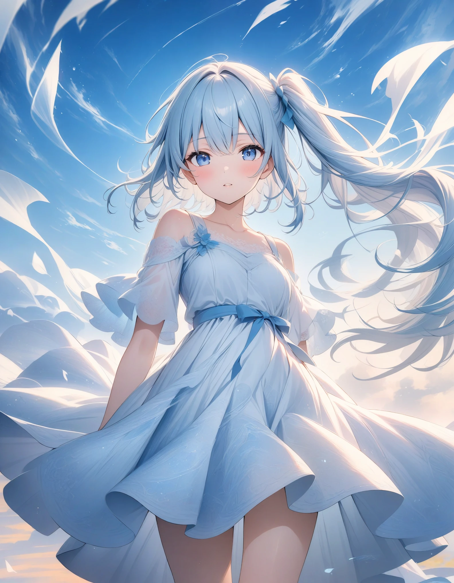 ((style:Colored pencil,pale colour)),(anime)、(masterpiece:1.2),atmospheric perspective,lens flare、(Country in the Sky)、(Princess)、Otherworldly fantasy、cute、Hair fluttering in the wind、((A dress with transparent lace that evokes the image of wind))、Clear blue sky、Light pours down from above、Very mysterious girl、Light effects、Light blue and white gradient hair color、Side Ponytail、Blue Eyes、((A work that visualizes the wind))