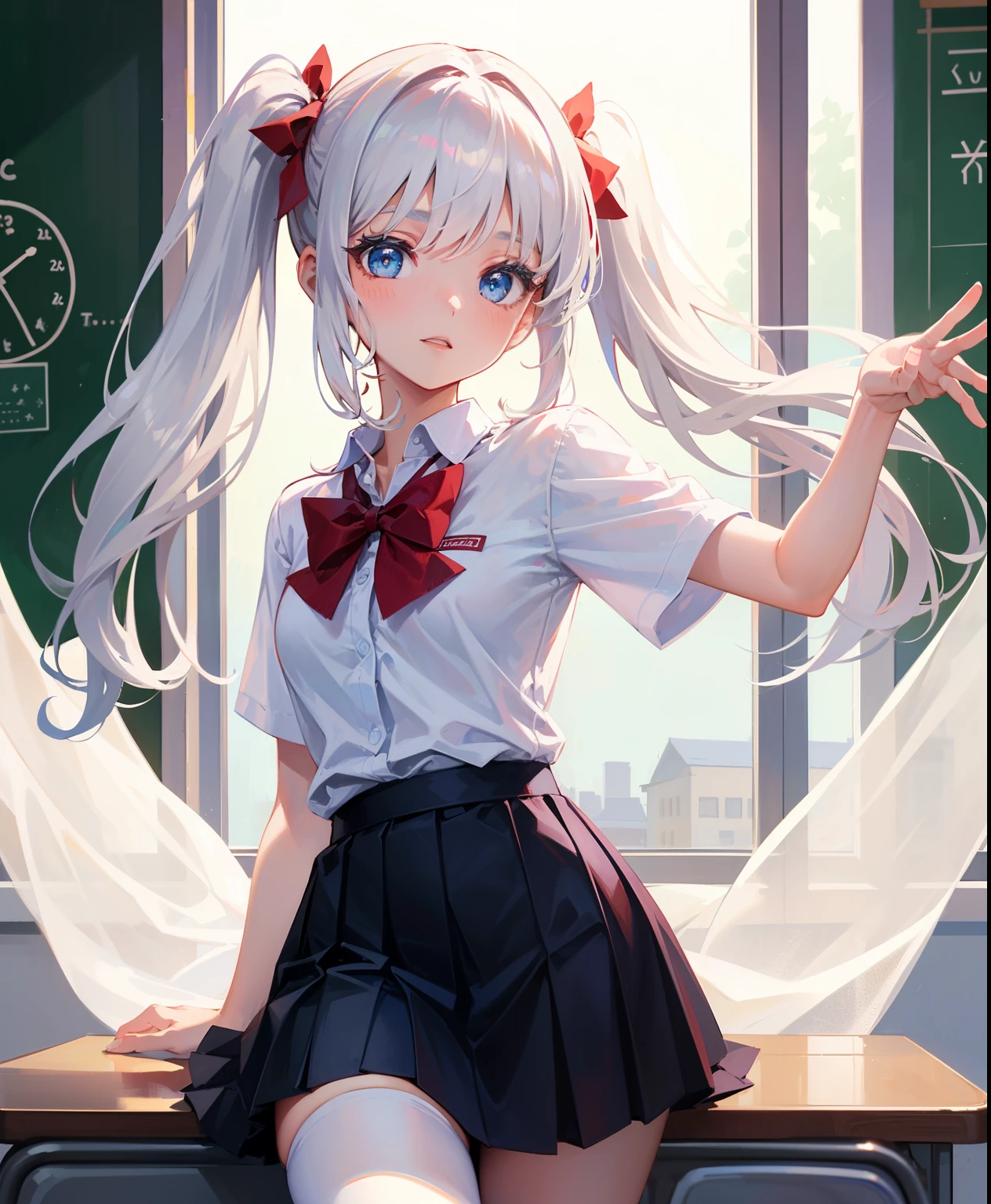 1 girl, 16 years old, Dynamic posing, different pose, Arrange pose,Top quality work, twin tails hair, Show Legs,(long white hair),(blue eyes), Rose cheeks, Pretty Face, A perfectly proportioned face, school white shirt with red bow and black skirt, (school uniform), (school white shirt), white stockings,school, in classroom, round small breasts