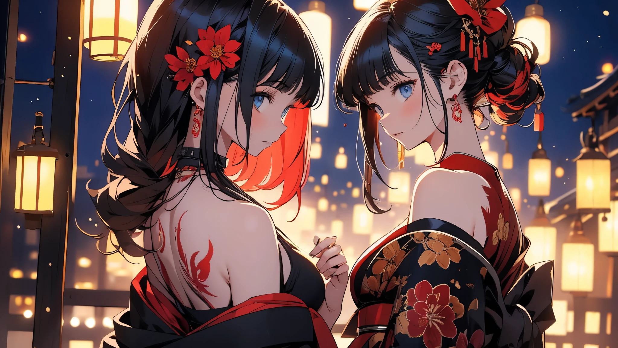 masterpiece, highest quality, highest quality, Official Art, beautifully、aesthetic:1.2),One girl, tattoo, alone, kimono, Red and black kimono, hair ornaments, unsheathing, Black Hair, sheath, back tattoo, dragon tattoo, blue eyes, Off the shoulder, Exposing shoulders, Recall, From behind, flower, View Viewer, Holding, compensate, Outdoor,