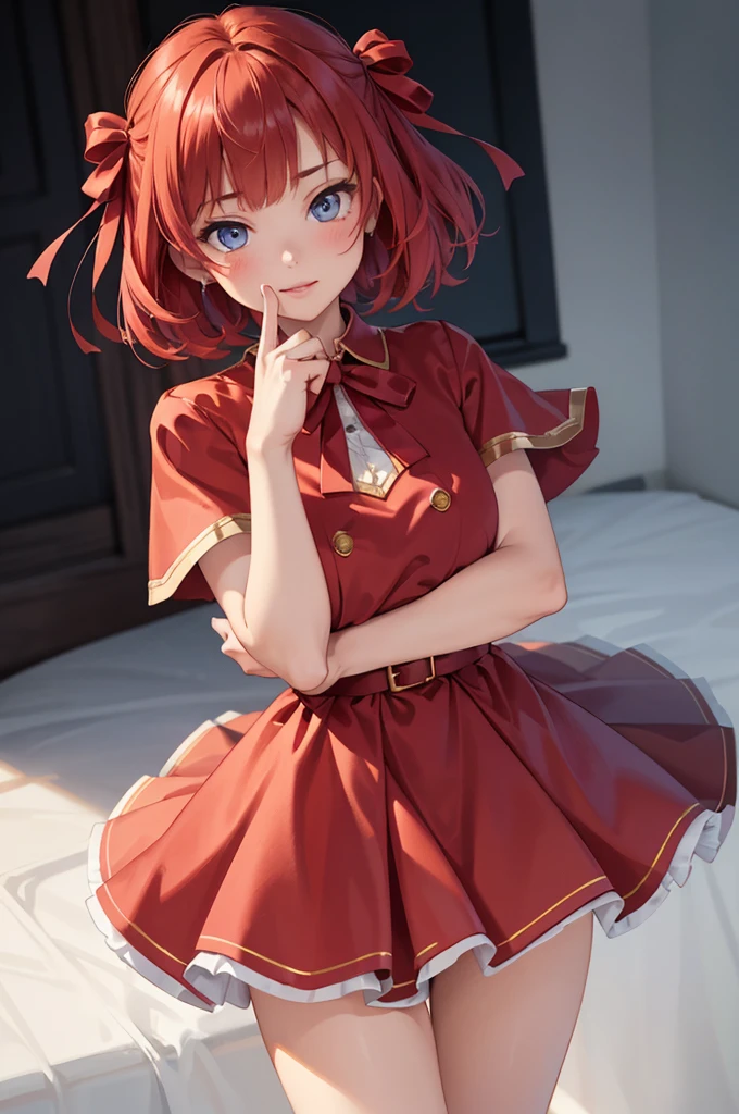 masterpiece、Soft Focus , Bright gradient watercolor、Tabletop, High resolution, 8k, Anime Women, Delicate and detailed writing 、Detailed digital illustration、high resolution, high quality、Detailed Background、Close-up photo、(((Two arms、Four fingers, One thumb)))、Detailed female face、(Accurate Fingerasterpiece:1.2)、highest quality、High resolution、unity 8k wallpaper、(figure:0.8)、Highly detailed face、Perfect lighting、Highly detailed CG、(Perfect hands、Perfect Anatomy)、
(Cowboy Shot:1.1)、One girl、stand、basket、knife、Red apples、Red dress、red hair ribbon、Red Cape、Red Shoes、Red Hair、very short hair、blue eyes、Big round eyes、Open your mouth、