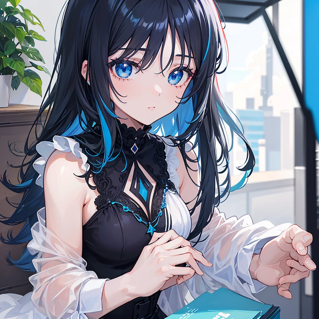 (De espalda mostrando el culo al espectador9 (mini falda) (top negro) (cabello corto) (cabello de color azul y negro) (hermosa) (2D) (anime)