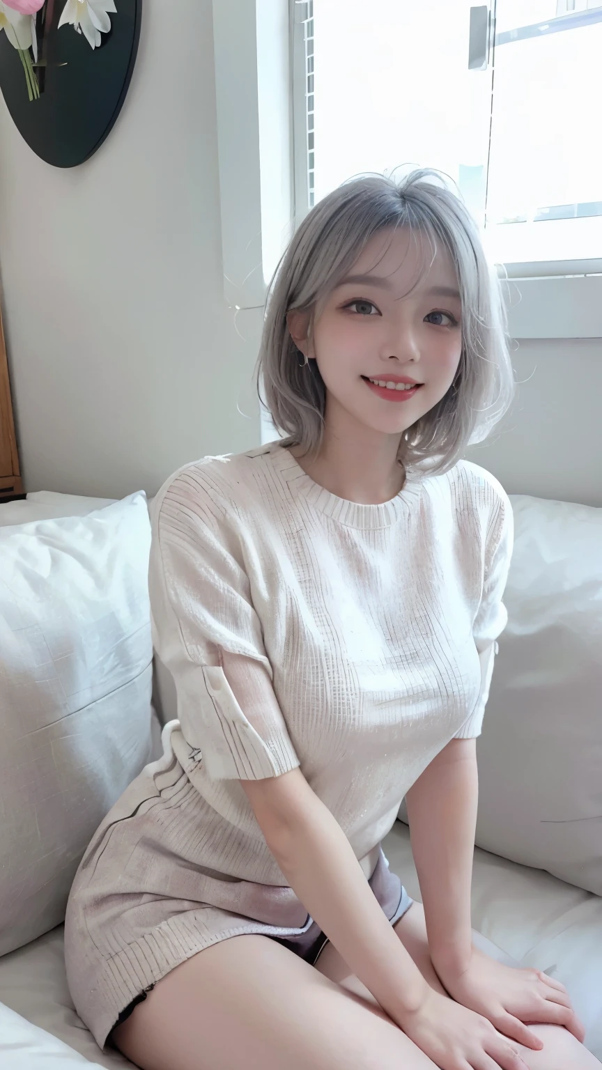 Best image quality、Raw photo、超A high resolution、21 year old Korean、、Dynamic Angle、Cowboy Shot、Chaos in its most beautiful form、elegant、Brutalist Design、Beautiful white hair、Vibrant colors、Short Bob、smile、fun、smile、Glowing White Skin、Beautiful eyes with random colors、Very thin lips、Beautiful eyes in every detail、Long, narrow eyes、Pale pink blush、Long eyelashes、Beautiful double eyelids、eye shadow、Bright white hair、sofa、large summer sweater、Short sleeves、sit、、Full body shot、Full body shotする