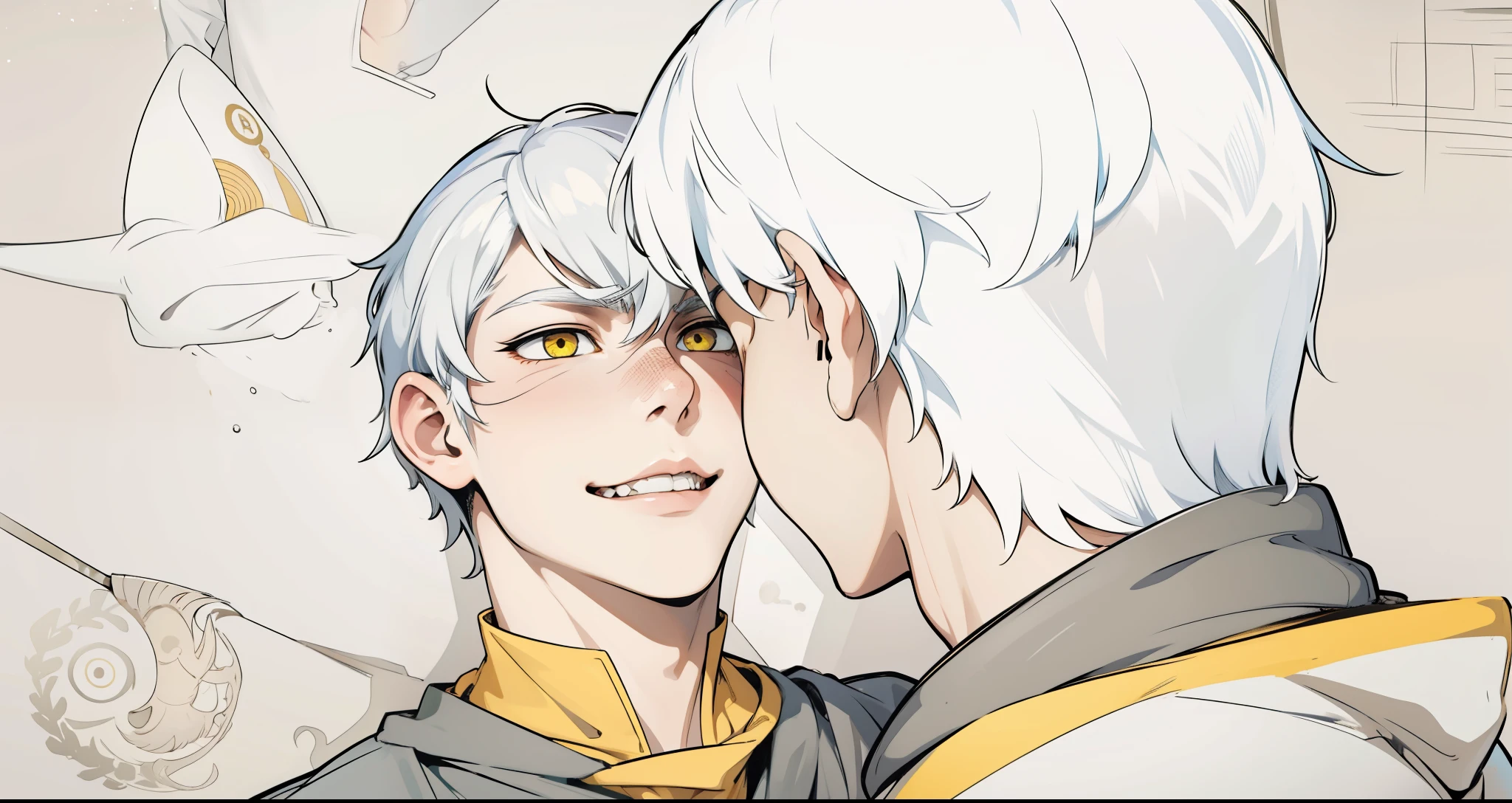 cute  boy is serious bullied harassed uncomfortable white hair yellow eyes