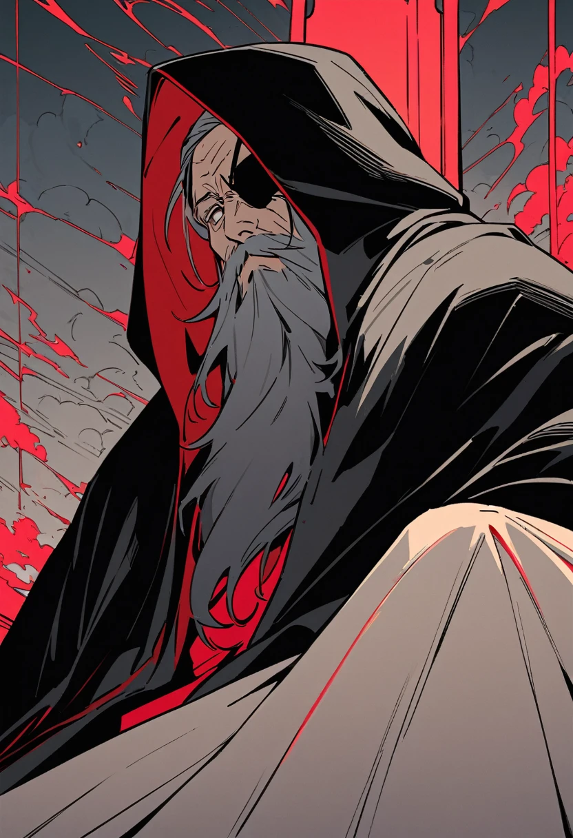 flat color,(masterpiece, best quality,ultra-detailed:1.2) ,An old man,((only left eyepatch)),red right eye,Wearing black hood and robes,Grey Mustache and Long Beard,he has spear,sitting Dark Hall Throne,cloud effects,dynamic angle,beautiful lighting, photographic portrait, sharp,
