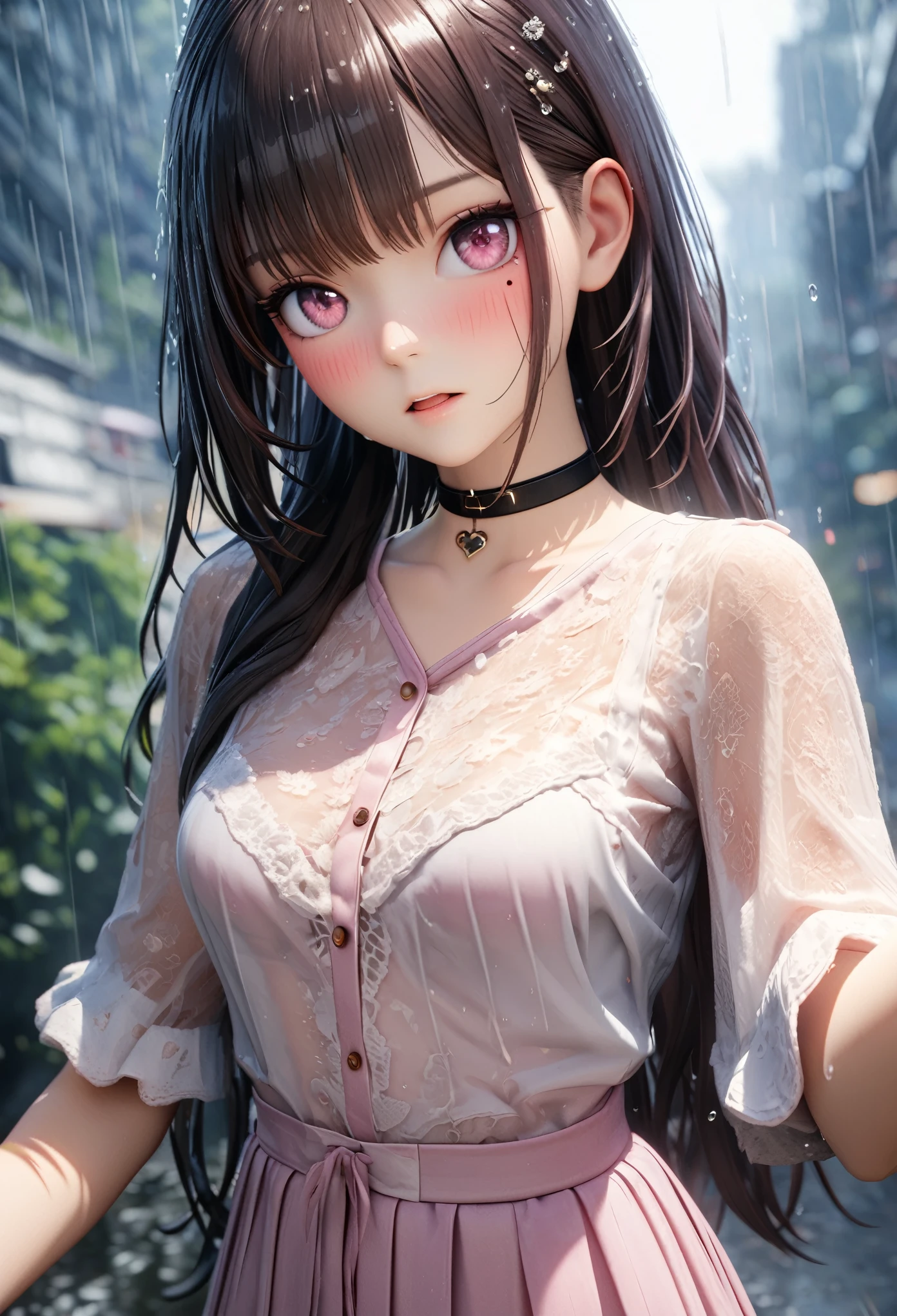 masterpiece, best quality, very detailed, high resolution, expensive resolution, high resolution, 4K, 8k, Unity 8k wallpaper, highly detailed CG, masterpiece, 2D, 3D, beautiful details, depth, fine texture, best quality: 1.3, perfect focus, crisp skin, him,
very cute anime girl, (bra showing through white blouse soaked in pouring rain), large breasts, expensive pink medium long hair, one girl, rain, (raindrops dripping from soaked hair, bra showing through thin blouse soaked in rain), mole under eye, looking at viewer, expensive, blush, mole, open lips, heart, pink eyes, choker