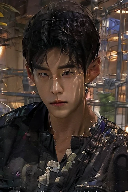 (Masterpiece, Top Quality, Best Quality, Watercolor (Medium)very highest quality, masterpieces, 4k, very finely detailed, detailed eyes, very detailed face (handsome, masculine, adult male, nice broad shoulders dark brownish hair, longish hair, shaggy hairstyle, messy hair))Young perfect Korean males with perfect well built bodies chiseled sculpted sculptured looks features detailed with 80s look nothing abnormal