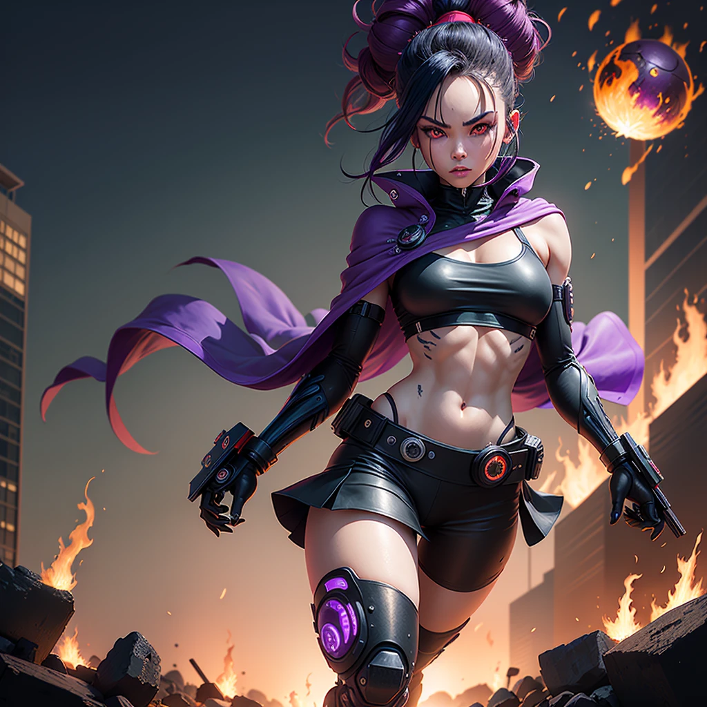 (masterpiece, highest quality), (Perfect athletic body:1.2), (Fine hair), Super detailed, Anime Style, whole body, Cyberpunk Egg Runner Girl, Scorched black mechanical limbs, ((black purple flame fist)), Sea green two top knot hairstyle with red eyes, Wearing a rage cape and cyberpunk outfit. Standing on burnt ground, 8K High Resolution, White Background, whole body, Overall view,