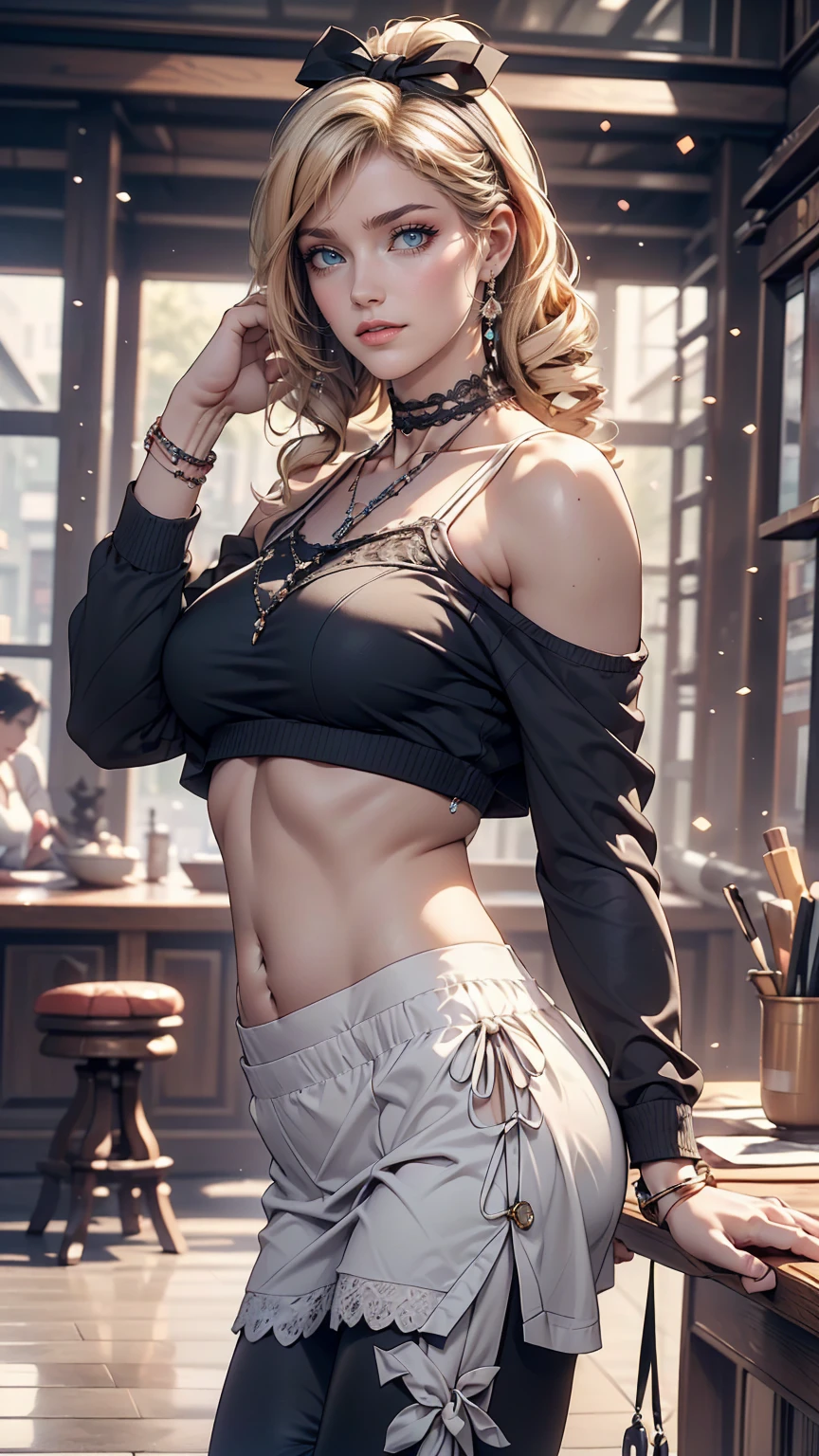 (8K, RAW Photos, highest quality, masterpiece:1.2), (Realistic, photo-Realistic:1.37)、Fashion model body type、Having her hair done、My chest is popping out、Wear accessories on your wrist、Wearing accessories on the ankle、Background blur((depth of field)、smile、White woman、Platinum Blonde、blue eyes、Vertical roll on one side((side drill))、Wear a lace-embellished off-the-shoulder top、Lower milk visible、I can see my belly button、Wear low rise leggings、Wear mules、smile、hair band((hair ribbon))、Wear a lace choker