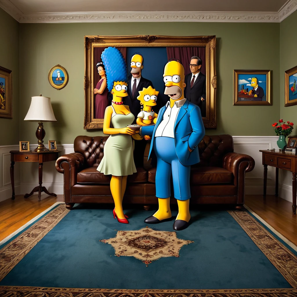 Homer and Marge Simpson in their Springfield apartment, standing under the iconic family portraiture, wearing subtle, real-life versions of their classic attire, Rankin-style photo composition honoring Matt Groening's design, rich deep colors, ambient yet cinematic atmosphere, elegant and balanced framing with pristine clarity, complex and coherent details showcasing an inspired, fantastic, and ecstatic transformation, digital photo art, ultra-realistic