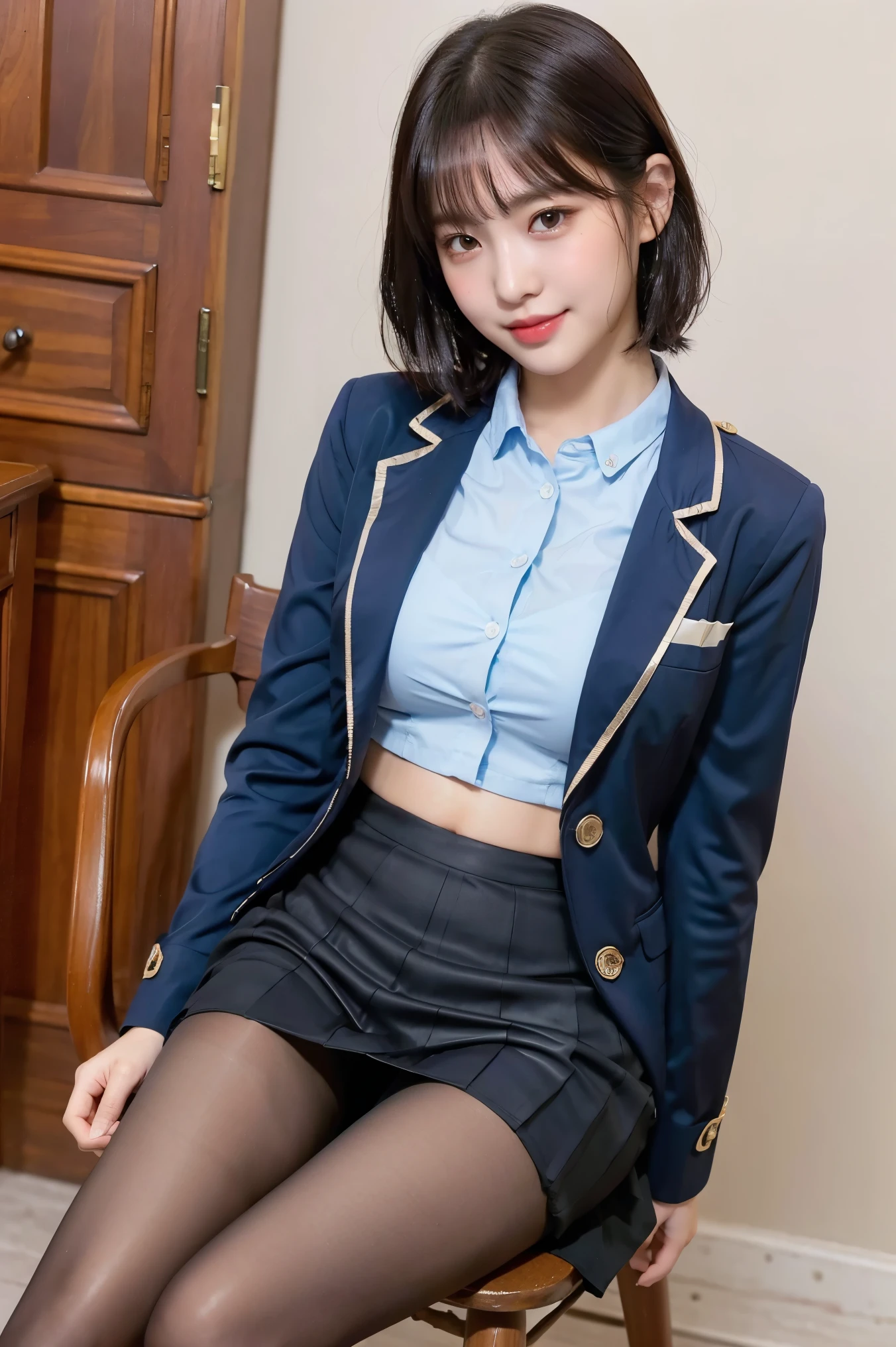 (8k), (highest quality: 1.2), (Realistic), (Realistic: 1.37), Ultra-high resolution, 1 girl, cute, Shiny skin,(Blushing:1.2),smile, Mouth closed, Beautiful details, Beautiful Nose, whole body, Wet Hair, Short Bob Hair,Giant Dulcefo, pork,Navel exposed,(University Student Uniform:1.2),A simple blazer,(Pleated skirt:1.2),Sit on a chair, (shiny pantyhose:1.2)