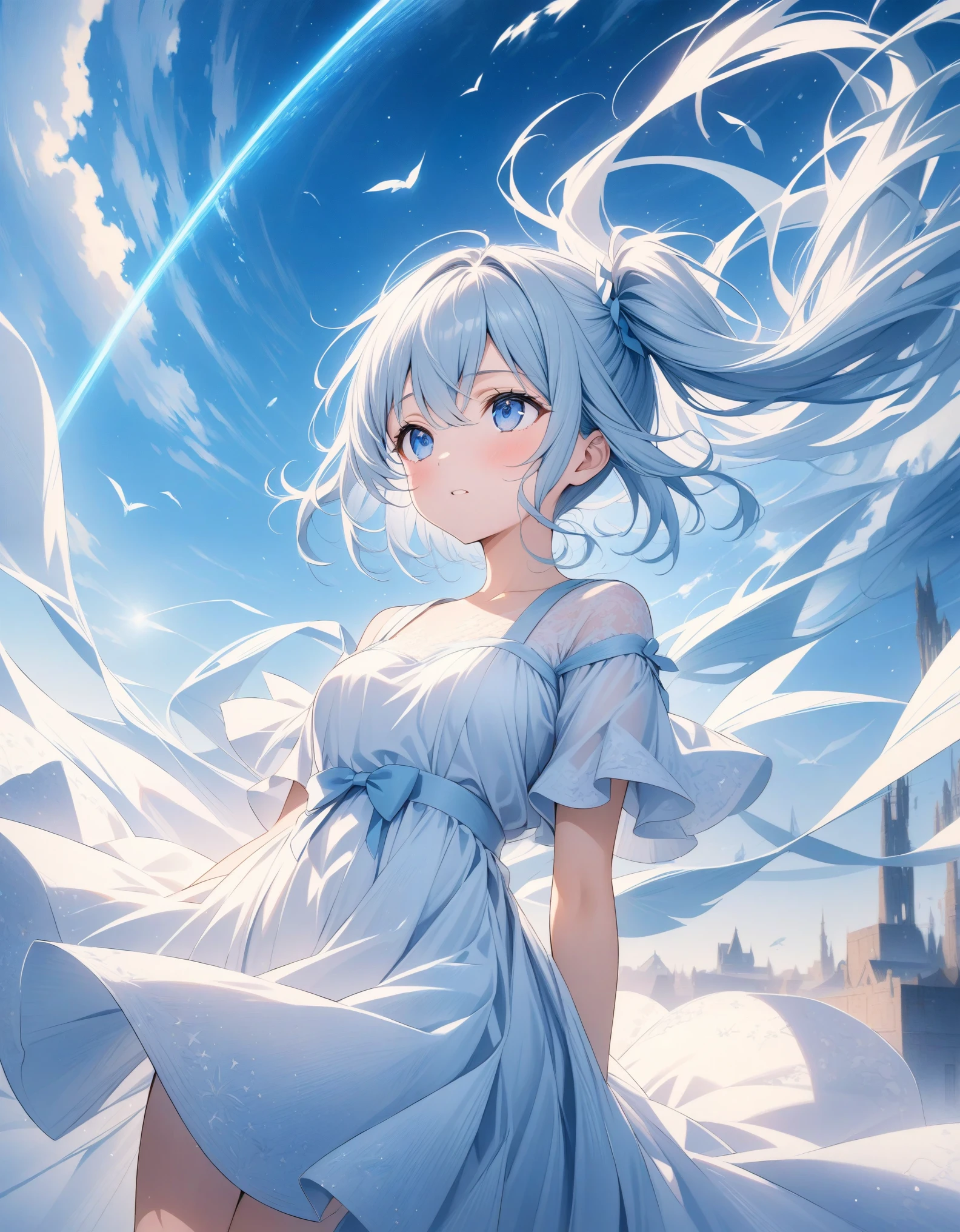 ((style:Colored pencil,pale colour)),(anime)、(masterpiece:1.2),atmospheric perspective,lens flare、(Country in the Sky)、(Princess)、Otherworldly fantasy、cute、Hair fluttering in the wind、((A dress with transparent lace that evokes the image of wind))、Clear blue sky、Light pours down from above、Very mysterious girl、Light effects、Light blue and white gradient hair color、Side Ponytail、Blue Eyes、((A work that visualizes the wind))、Looking up at the sky