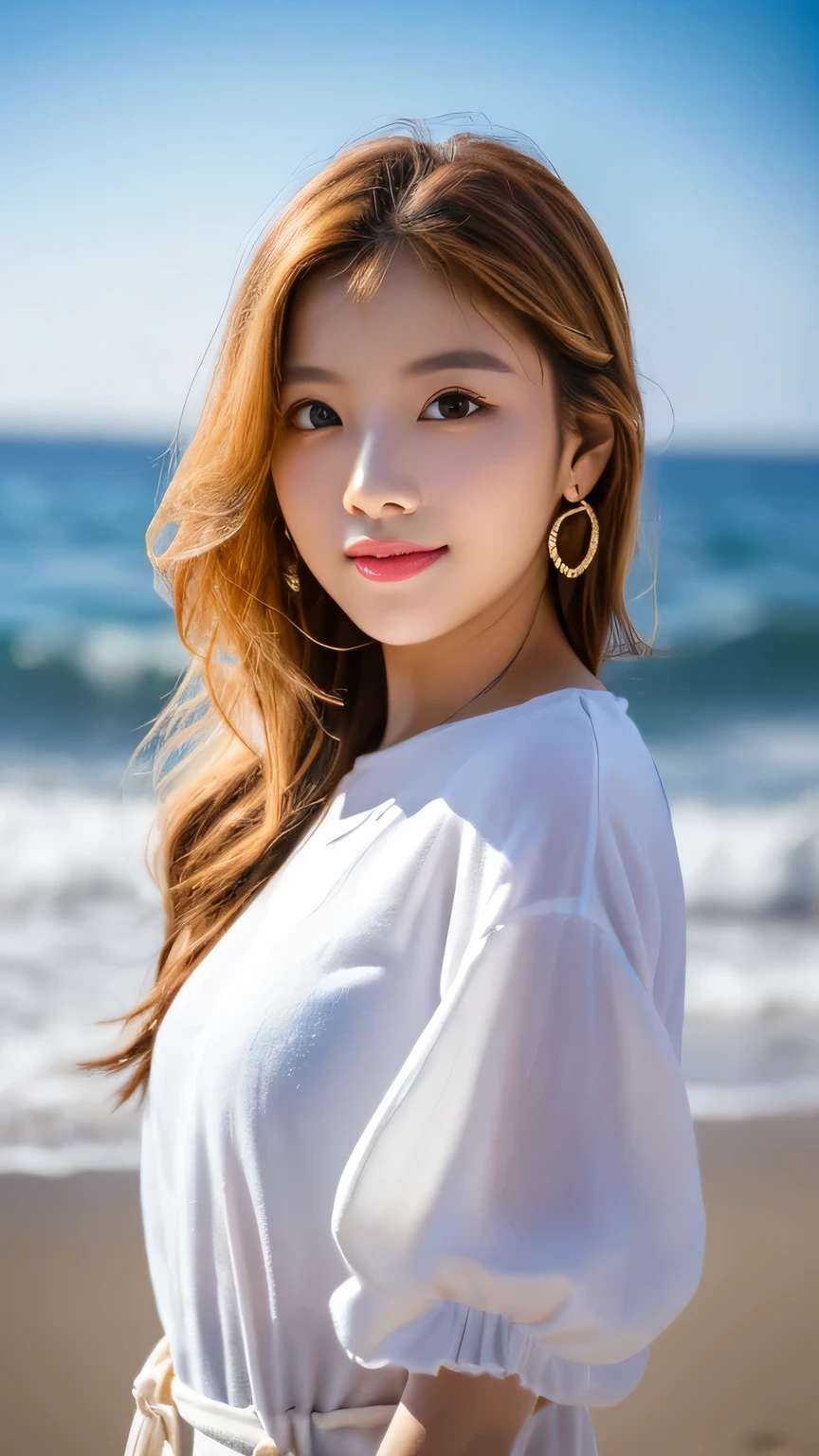 Tabletop、(highest quality、4K、8k、High resolution、masterpiece: 1.2)、Very detailed、(Genuine、photoGenuineistic、photoGenuineistic: 1.37)、Full Body Shot、Complex and beautiful eyes、woman、blonde、Shortcuts、Natural color lip、whiteTshirt、Bold and sexy pose、smile、Ocean、20-year-old girl、A cute and sexy shot of her looking at the camera。