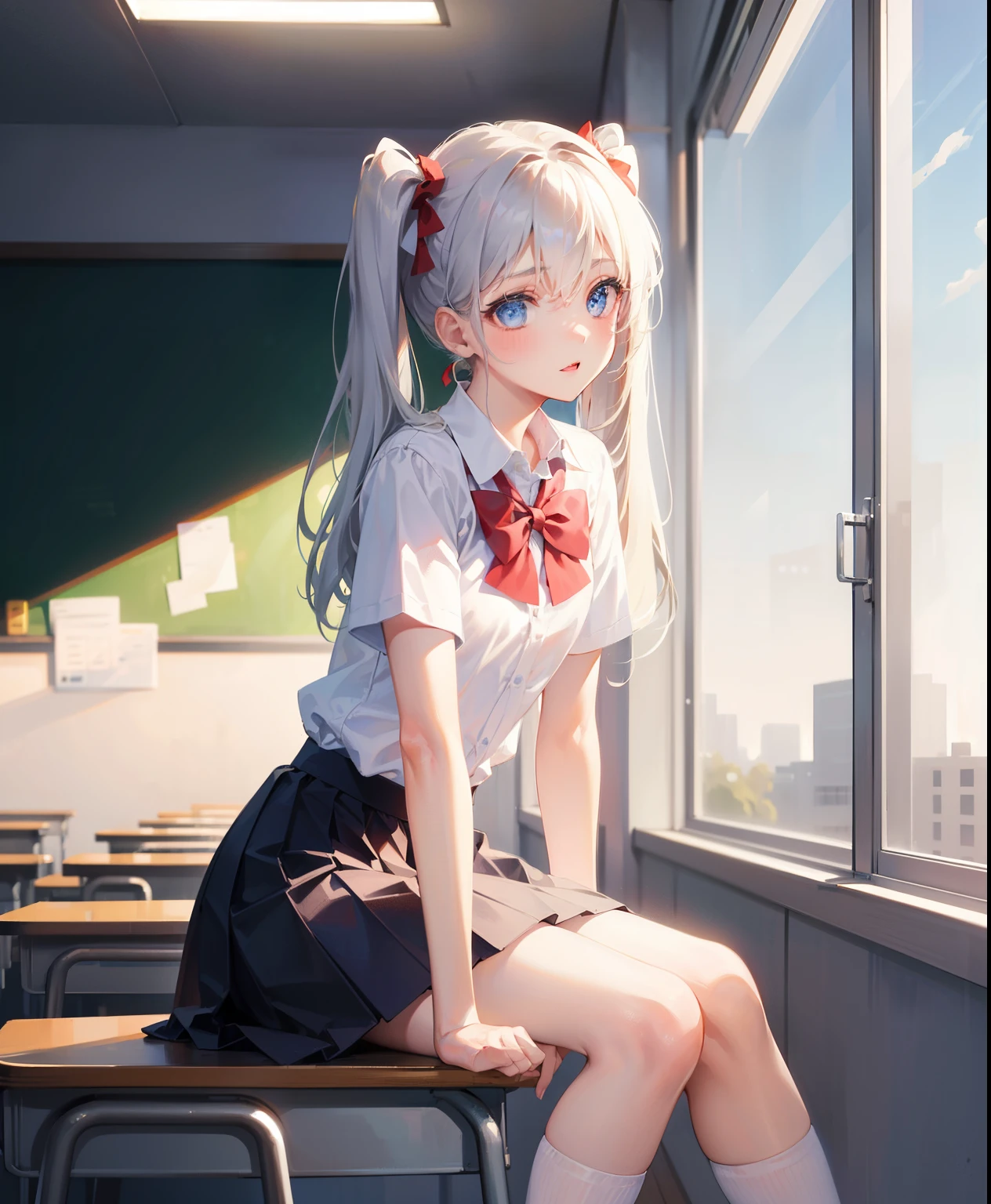 1 girl, s old, Dynamic posing, different pose, Arrange pose,Top quality work, twin tails hair, Show Legs,(long white hair),(blue eyes), Rose cheeks, Pretty Face, A perfectly proportioned face, school white shirt with red bow and black skirt, (school uniform), (school white shirt), white stockings，school, in classroom,  round small breasts