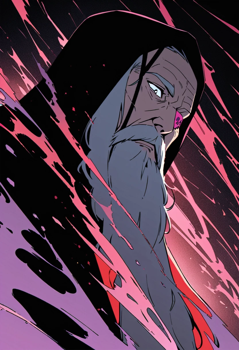 flat color,(masterpiece, best quality,ultra-detailed:1.2) ,An old man,((only left eyepatch)),red right eye,Wearing black hood and robes,Grey Mustache and Long Beard,he has spear,Dark Hall,cloud effects,dynamic angle,beautiful lighting, photographic portrait, sharp,