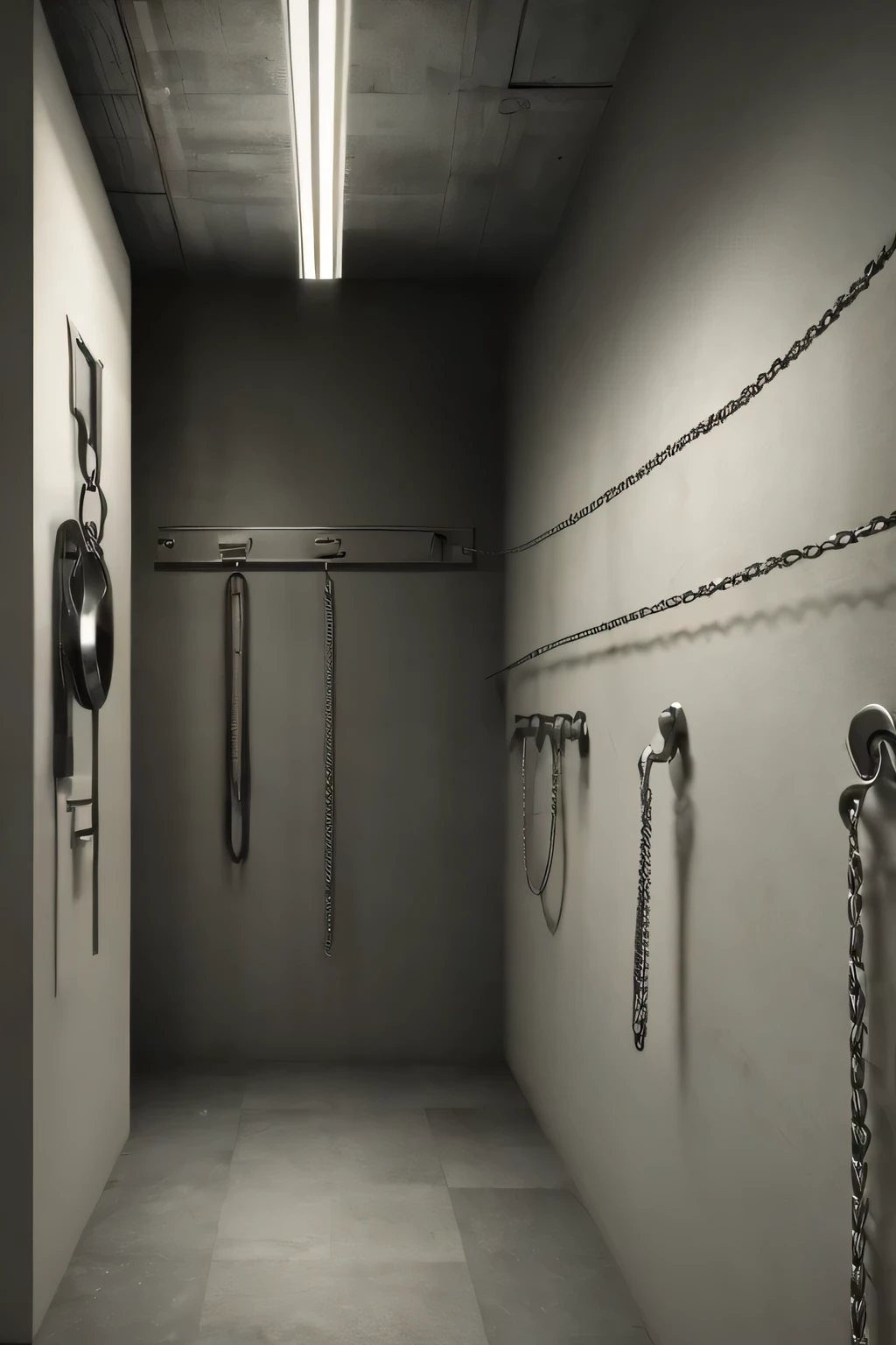 8k wall paper, masterpiece, hospital, x-ray room, many chains, handcuffs, iron backet, prison, jail, dark, many bullwhips, dirty iron bed