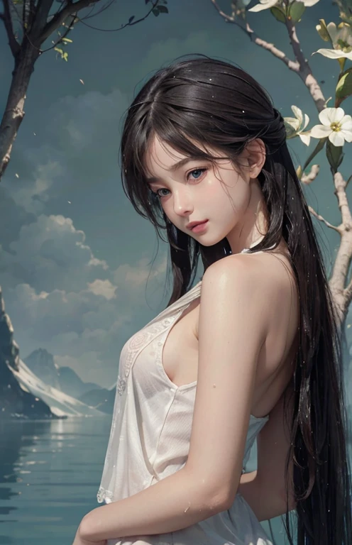 Heaven Temple, Open back, Looking Back, Look back, (Surreal), (illustration), (Improve resolution), (8K), (Very detailed), (Best illustration), (Beautiful and delicate eyes), (best quality), (Super detailed), (masterpiece ), ( wallpaper), (Delicate face), Solitary, 1 girl, fine details, Delicate face, Deep Shadows, Low profile, purebred face_V1, Smile, long hair, Side bangs、Wet vest、Not worn、Not worn、Focus on your nipples