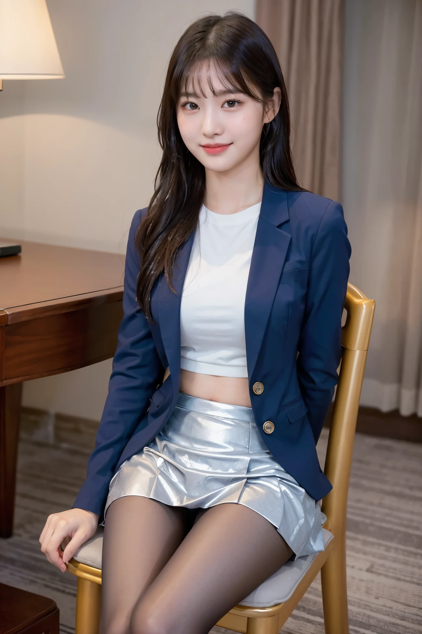 (8k), (highest quality: 1.2), (Realistic), (Realistic: 1.37), Ultra-high resolution, 1 girl, cute, Shiny skin,Blushing,smile, Mouth closed, Beautiful details, Beautiful Nose, whole body, Wet Hair, Giant Dulcefo, pork,Navel exposed,University Student Uniform,A simple blazer,Pleated skirt,Sit on a chair, shiny pantyhose