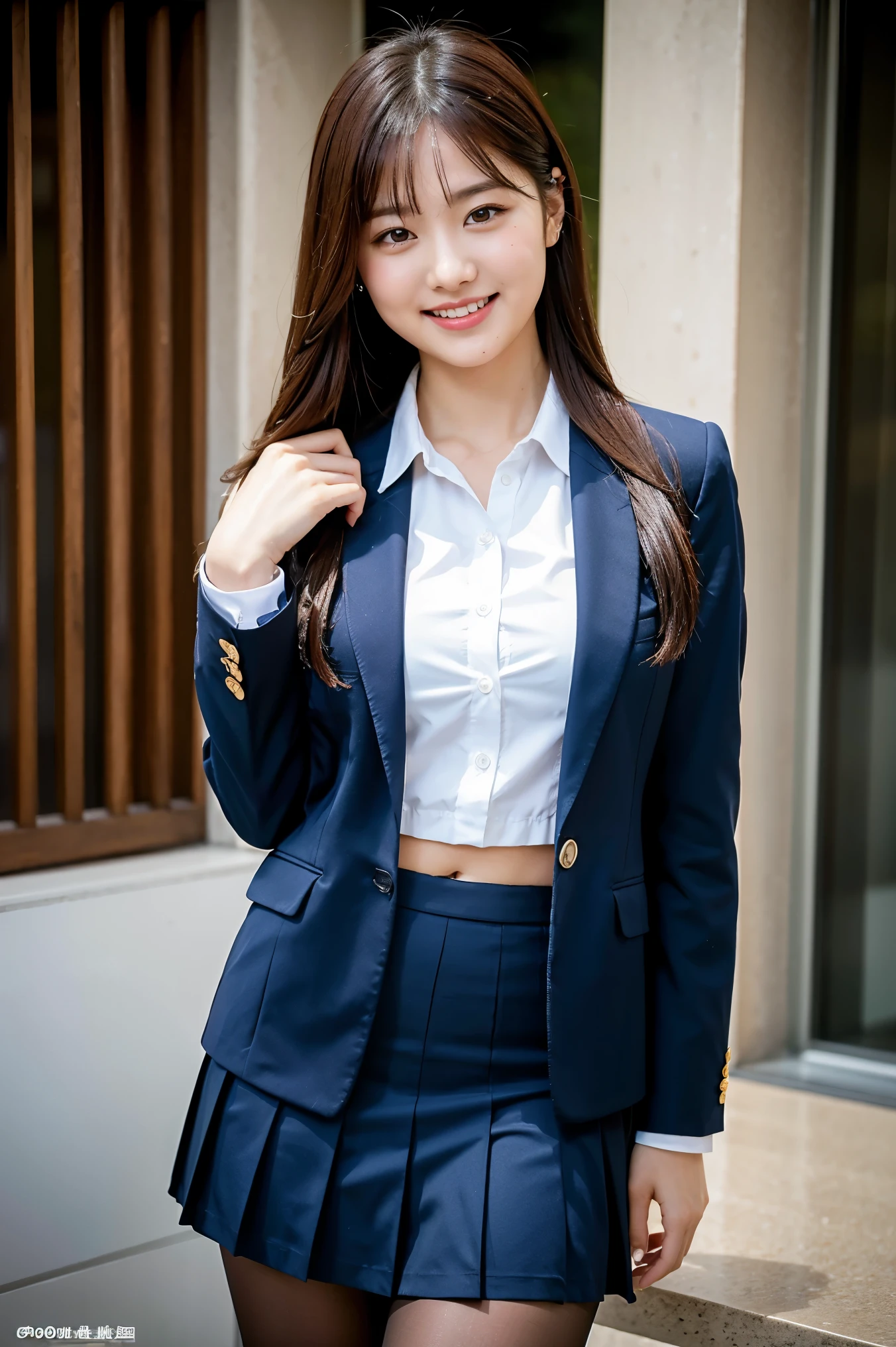 (8k), (highest quality: 1.2), (Realistic), (Realistic: 1.37), Ultra-high resolution, 1 girl, cute, smile, Mouth closed, Beautiful details, Beautiful Nose, Wet Hair, Giant Dulcefo, pork, Thighs,Navel exposed,University Student Uniform,A simple blazer,Pleated skirt,Are standing, natural pantyhose , medium shot ,Thick thighs,Close up on thighs
