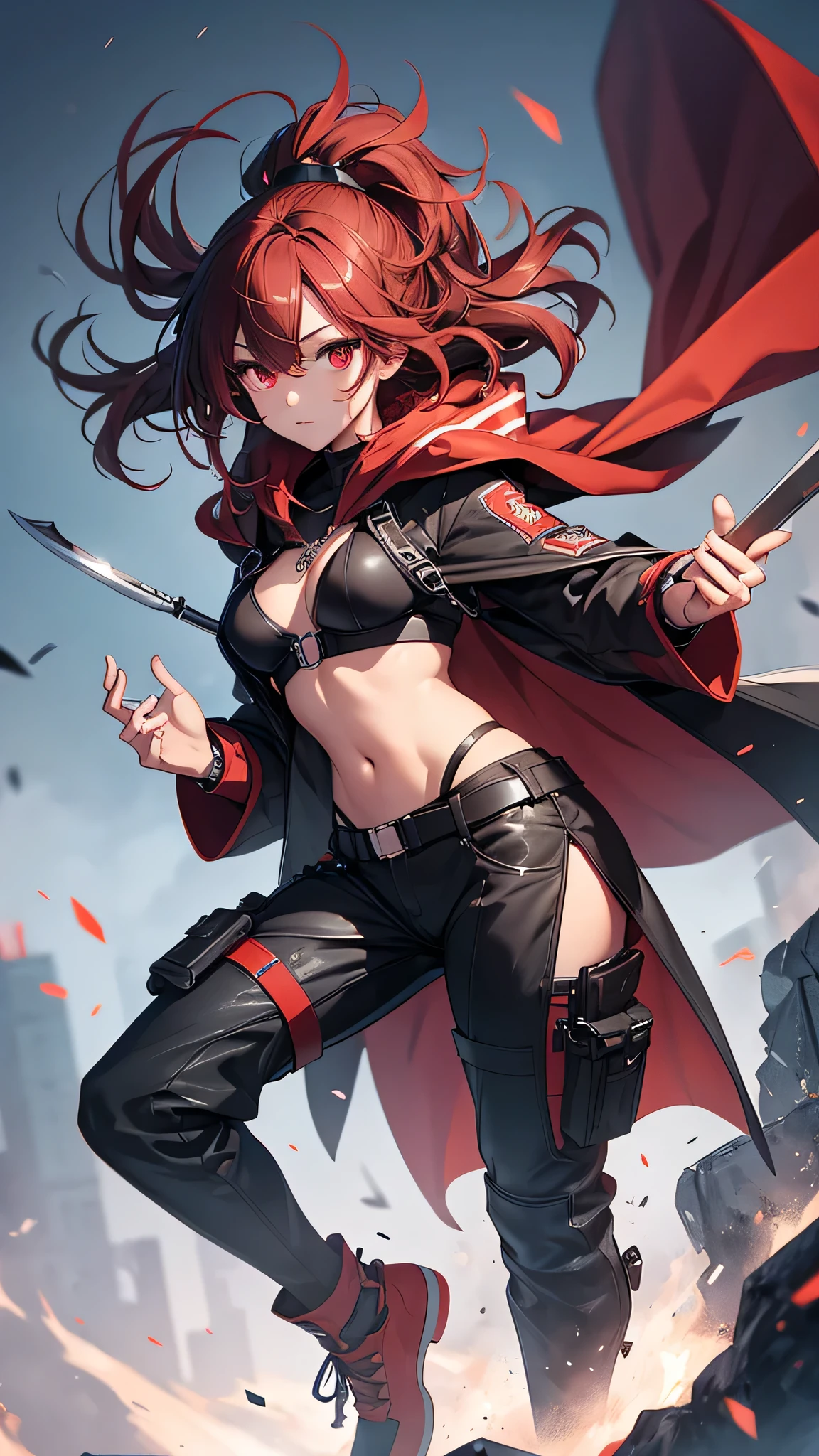 Highest quality、Highest quality、Masterpiece、girl((Metal body,Age 25、as soon as、Highest Bust、Medium Bust、Wide open chest、Red glowing eyes、Black Ear、Red Mesh、Disheveled Hair、Loincloth、thin、The best valley、Open chest、Red Cape、hair ornaments、Full body view、gas mask、Black hoodie、Black trousers、Holding a spear knife))、high quality、Beautiful Art、background((fog、cigarette、smoke、Red smoke、military base、Cigarette curtain、Explosive Flame))、flight、Flying Debris、Depth of text、movie、Visual Arts、Perfect Art、8K、Genuine、Special Angles