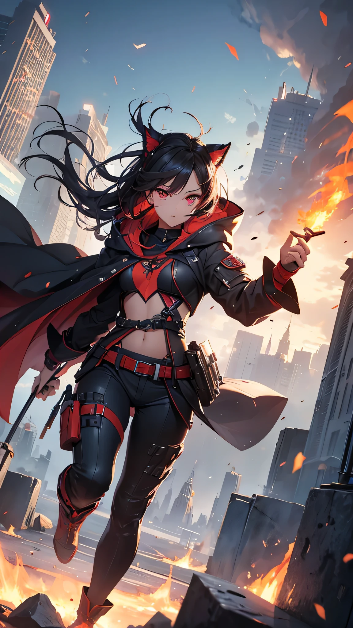 Highest quality、Highest quality、Masterpiece、girl((Metal body,Age 25、as soon as、Highest Bust、Medium Bust、Wide open chest、Red glowing eyes、Black Ear、Red Mesh、Disheveled Hair、Loincloth、thin、The best valley、Open chest、Red Cape、hair ornaments、Full body view、gas mask、Black hoodie、Black trousers、Holding a spear knife))、high quality、Beautiful Art、background((fog、cigarette、smoke、Red smoke、military base、Cigarette curtain、Explosive Flame))、flight、Flying Debris、Depth of text、movie、Visual Arts、Perfect Art、8K、Genuine、Special Angles