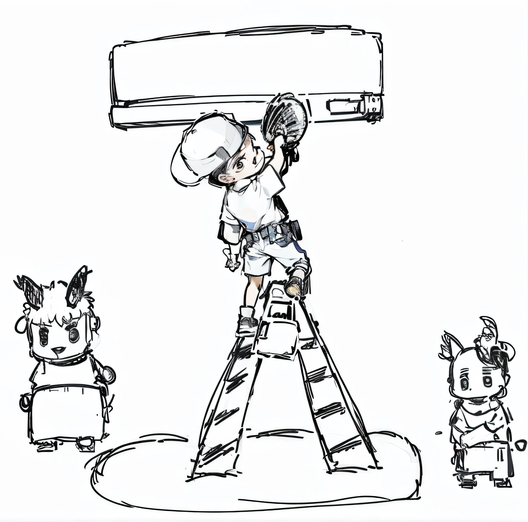 Imagine,A little boy wearing a backwards baseball cap,Wearing gray shorts,Wearing a pair of shell-back shoes,A work belt is tied around the waist,There are various tools hanging on it。He stood on the ladder and wiped the air conditioner with a cloth in his hand。There's a tarp under the ladder,On one side is a cute calf helping to carry a bucket。There is a cute little lamb sitting in the storage box on the other side。The scene is very interesting。