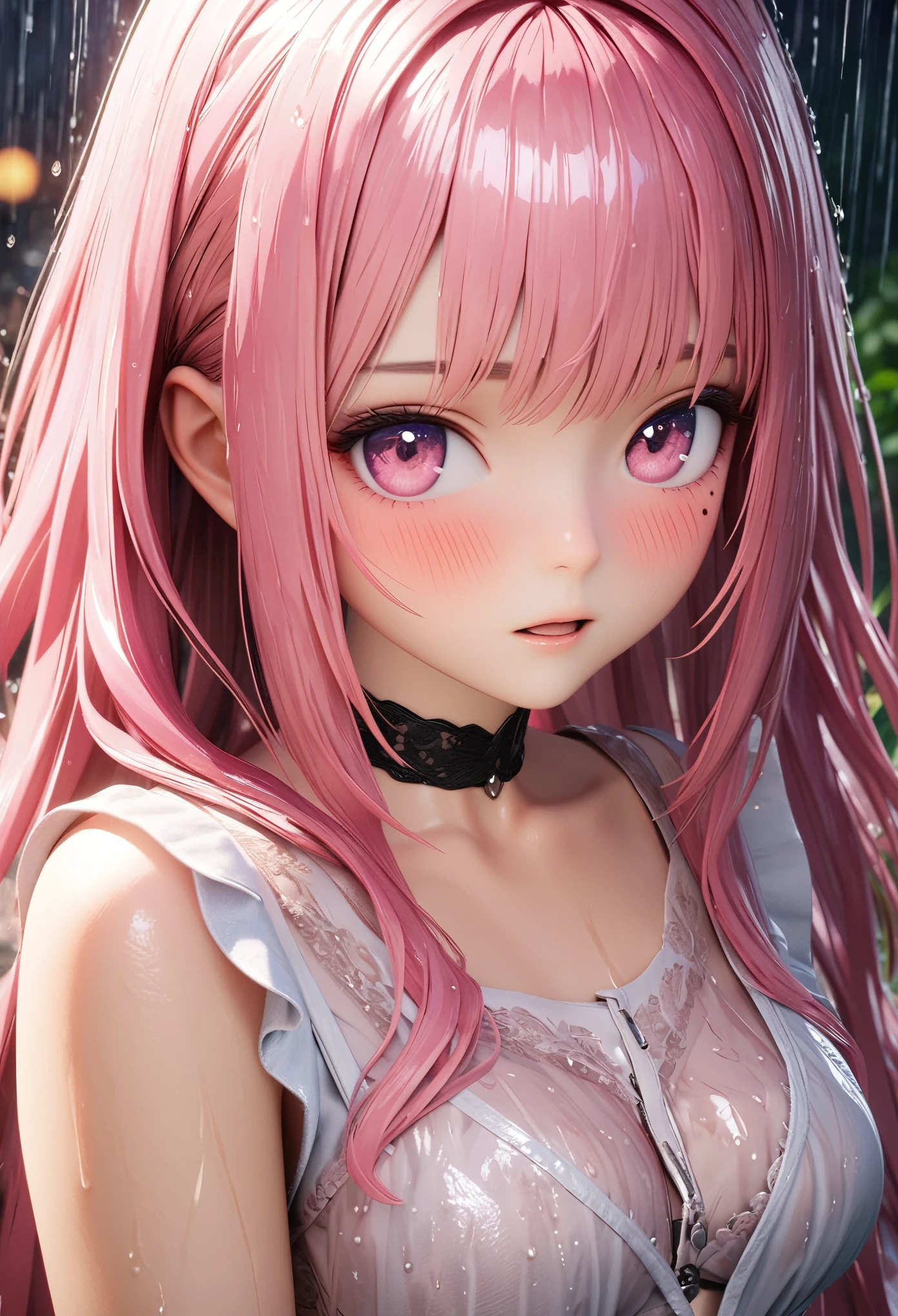 masterpiece, best quality, very detailed, high resolution, expensive resolution, high resolution, 4K, 8k, Unity 8k wallpaper, highly detailed CG, masterpiece, 2D, 3D, beautiful details, depth, fine texture, best quality: 1.3, perfect focus, crisp skin, him,
very cute anime girl, (bra showing through white blouse soaked in pouring rain), large breasts, expensive pink medium long hair, one girl, rain, (raindrops dripping from soaked hair, bra showing through thin blouse soaked in rain), mole under eye, looking at viewer, expensive, blush, mole, open lips, heart, pink eyes, choker