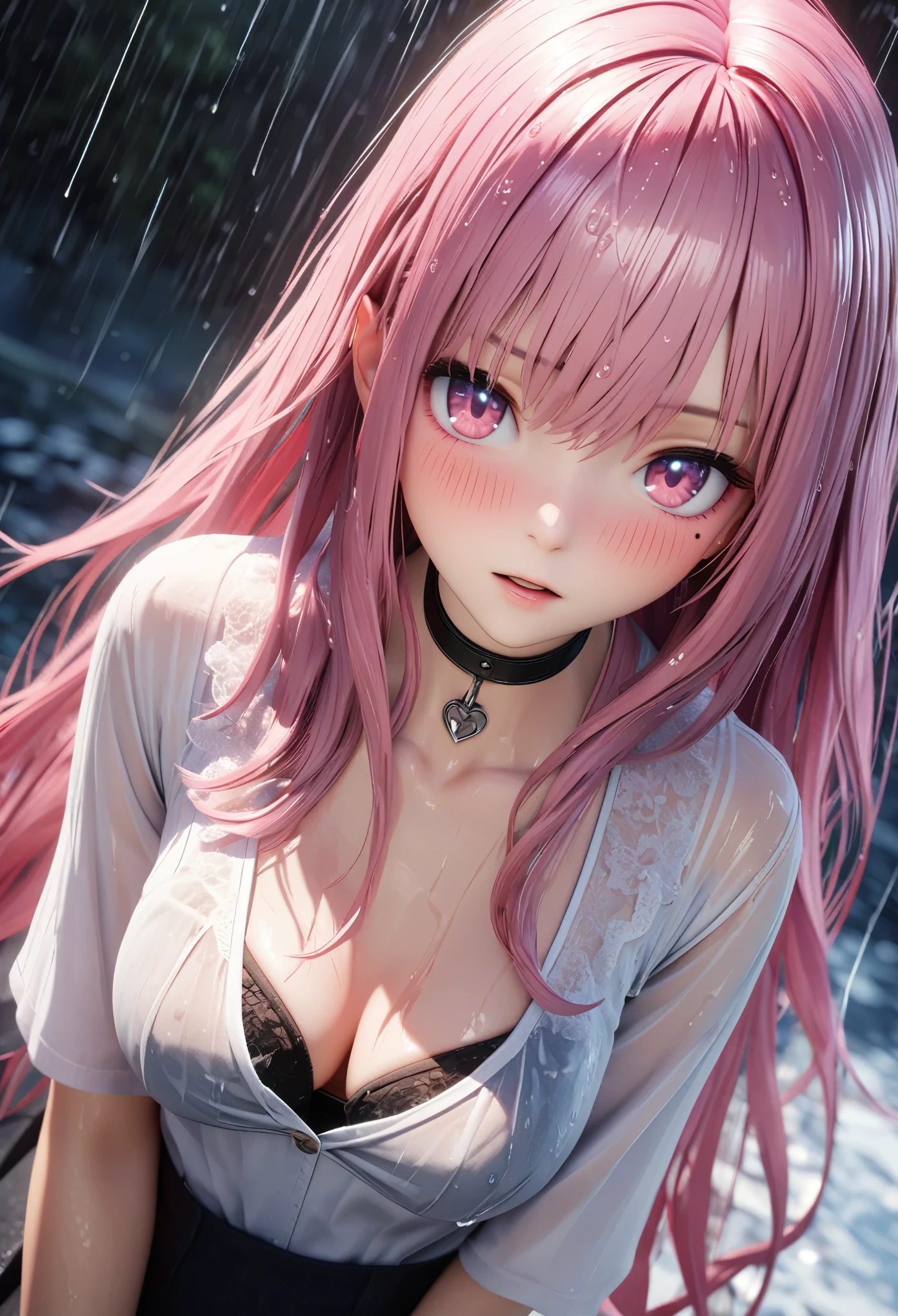 masterpiece, best quality, very detailed, high resolution, expensive resolution, high resolution, 4K, 8k, Unity 8k wallpaper, highly detailed CG, masterpiece, 2D, 3D, beautiful details, depth, fine texture, best quality: 1.3, perfect focus, crisp skin, him,
very cute anime girl, (bra showing through white blouse soaked in pouring rain), large breasts, expensive pink medium long hair, one girl, rain, (raindrops dripping from soaked hair, bra showing through thin blouse soaked in rain), mole under eye, looking at viewer, expensive, blush, mole, open lips, heart, pink eyes, choker
