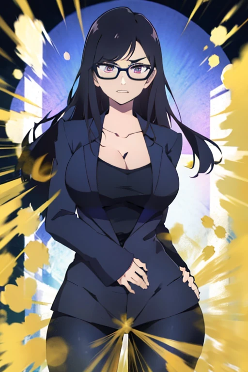 HD, high quality, high resolution, ultrahd, Hizuruminakata, wearing default outfit, black suit, default hair, black hair, tall body, big body, matured looks, farting, fart, yellow fart, massive fart, velocity, farts, yellow smoke, clenching teeth, bending forward, leaning, hand on tummy, farts, farts from ass