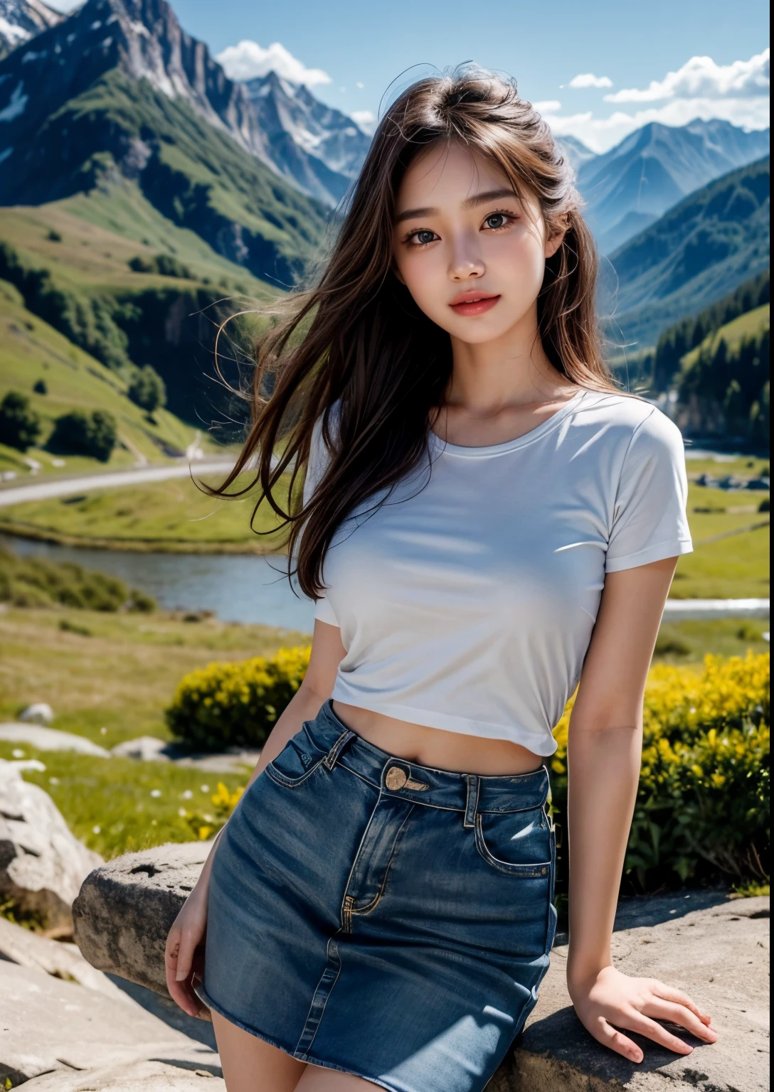 a beautiful Korean girl, 1girl, 20 years girl, long hair, blue eyes, cute expression, walking in an alpine valley, mountains in background, golden sunlight, detailed face, elegant pose, beautiful scenery, vibrant colors, cinematic lighting, photorealistic, extremely detailed, 8k, (best quality,4k,8k,highres,masterpiece:1.2),ultra-detailed,(realistic,photorealistic,photo-realistic:1.37),  beautiful face, realistic face, realistic skin, realistic smile, realistic atmosphere, every thing is realistic, cutest smile, realistic body, realistic body language, mouth watering beauty, standing, upper body shot, cute face, stylish look, stylish angles, t-shirt with above knee length skirt, navel, tempting eyes