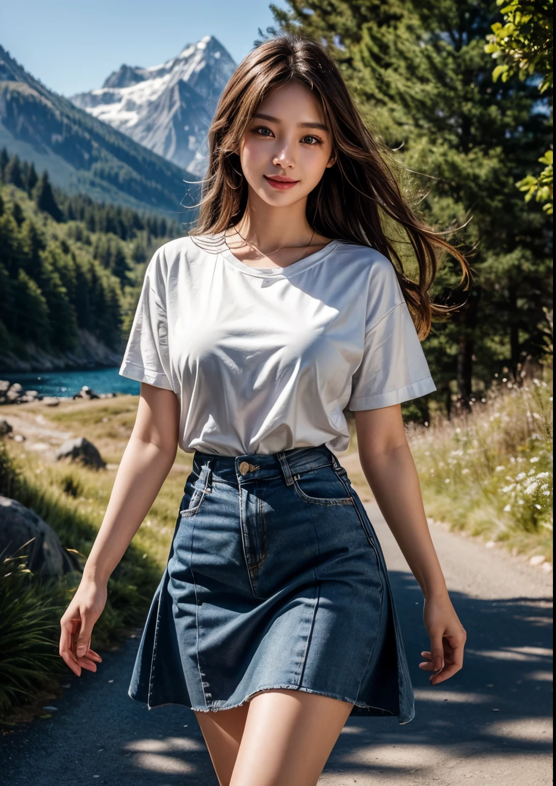 a beautiful Korean girl, 1girl, 20 years girl, long hair, blue eyes, cute expression, walking in an alpine valley, mountains in background, golden sunlight, detailed face, elegant pose, beautiful scenery, vibrant colors, cinematic lighting, photorealistic, extremely detailed, 8k, (best quality,4k,8k,highres,masterpiece:1.2),ultra-detailed,(realistic,photorealistic,photo-realistic:1.37),  beautiful face, realistic face, realistic skin, realistic smile, realistic atmosphere, every thing is realistic, cutest smile, realistic body, realistic body language, mouth watering beauty, standing, upper body shot, cute face, stylish look, stylish angles, t-shirt with above knee length skirt, navel, tempting eyes