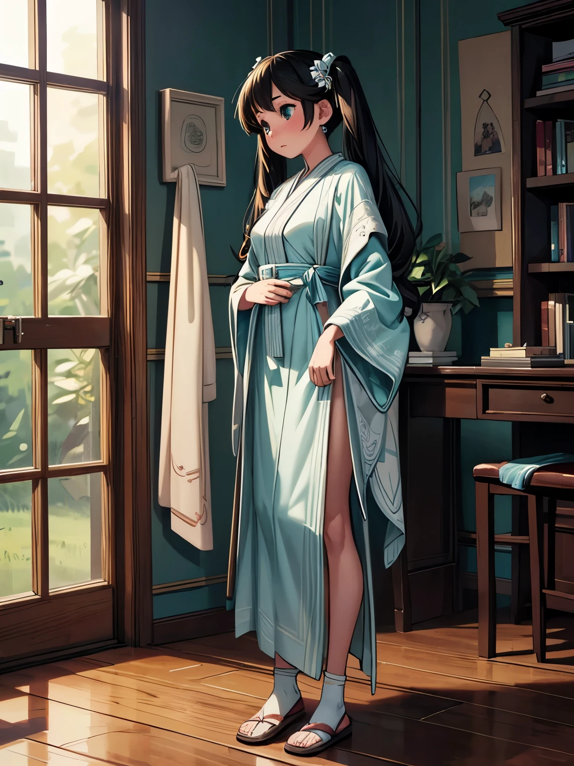 (masterpiece、highest quality、highest quality、Official Art、Beautiful and beautiful:1.2)、(One girl:1.3)Hatsune Miku、Twin tails,Big Breasts,(masterpiece:1.2), (highest quality,:1.2), 8k, High resolution, Super detailed, ((Realistic)), Perfect Anatomy, Professional Light, Cinema Lighting, Fashion Photography, Ambient Lighting,Angelique, Earrings, Heavy makeup, long and disheveled hair, ((Full Body Shot)), Wearing intricate robes, Fanro, Epi C Photo