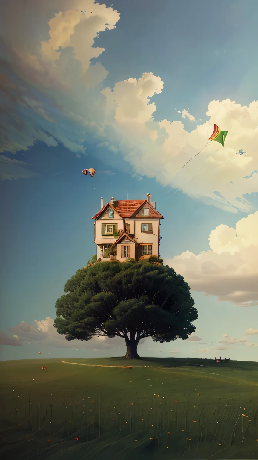 there is a house on a hill with a kite flying in the sky, surreal photo, inspired by Gediminas Pranckevicius, whimsical surrealism, perfectly realistic yet surreal, surreal gediminas pranckevicius, erik johansson style, house on a hill, dreamlike surrealism, surreal composition, whimsical art, magically shaped surrealism