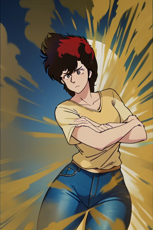 HD, high quality, high resolution, ultrahd, Kaori Makimura, wearing casual outfit, default hair, brown hair, tall body, massive fart, velocity, yellow smoke, clenching teeth, wide eyes, bending body