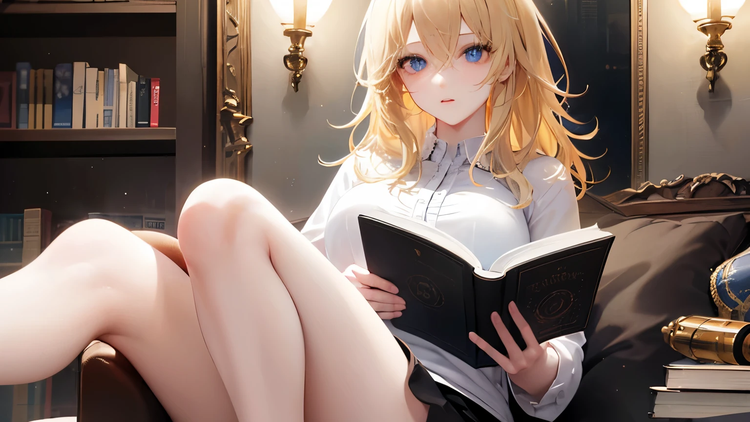 ((highest quality)), ((masterpiece)), (detailed), Perfect Face, perfect detailed eyes, perfect detailed face, ultra-detailed nose, Blonde Hair, Messy Hair, Hair above the eyes, Medium Hair, Pale skin, Forehead mark, Cinema Lighting, Chiaroscuro, mini skirt,Reading a book,whole body,Attractive legs