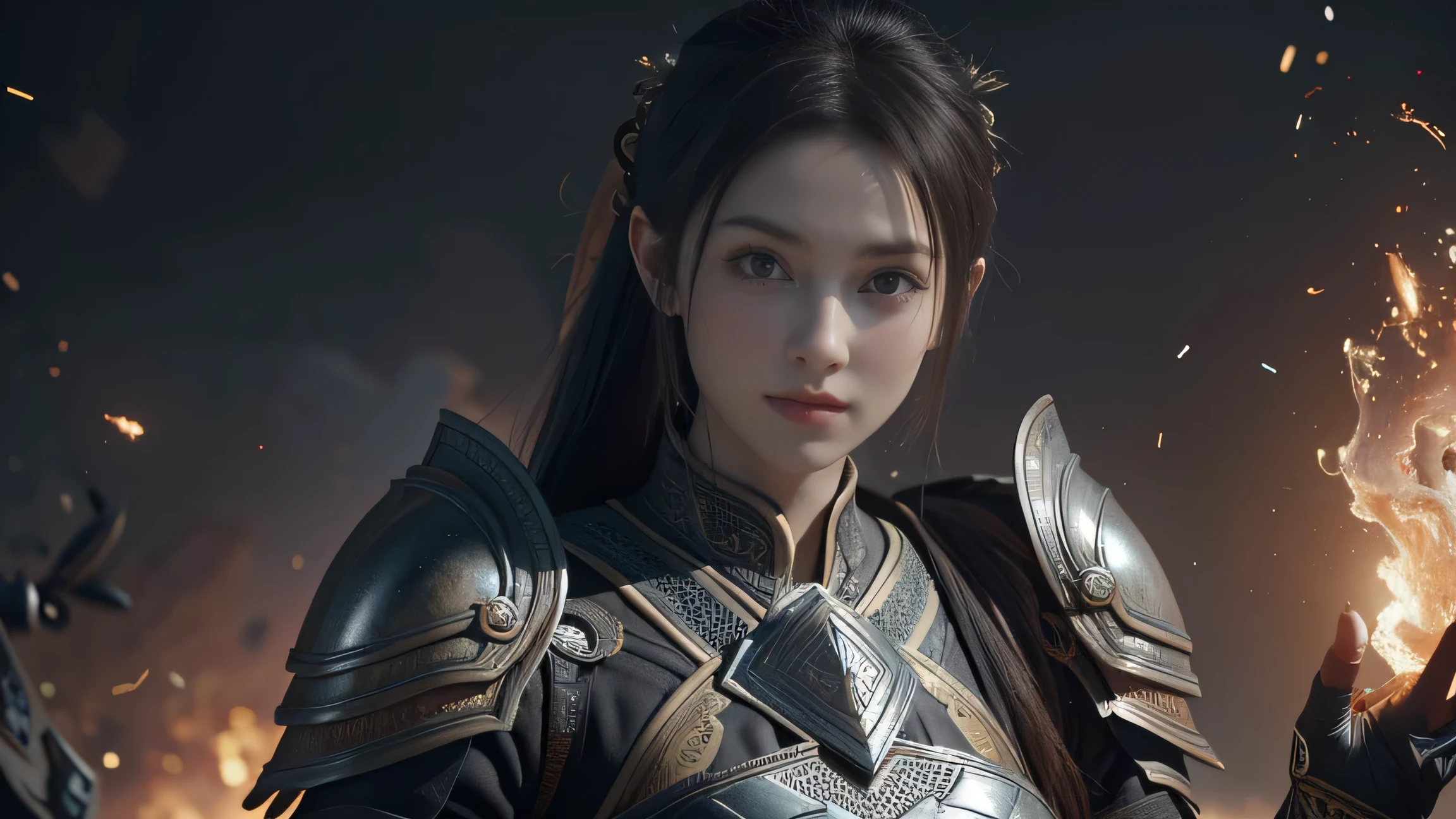 Game Art，Best picture quality，Maximum resolution，8K，(A bust photo)，(portrait)，(Head close-up)，(Rule of Thirds)，Unreal Engine 5 rendering works， (Female Knight)， 
 girl，(Ancient Chinese general)，Eyes full of details，(Large Breasts)，Elegance and nobility，indifferent，brave，Holding a weapon，
(Wear Chinese-style armor，Tang Dynasty armor，The costumes are rich in detail，Metallic luster，Silver gray)，Chinese characters，Fantasy style，
Photo poses，Flame Background，light，Ray tracing，Game CG，((3D Unreal Engine))，OC rendering reflection mode