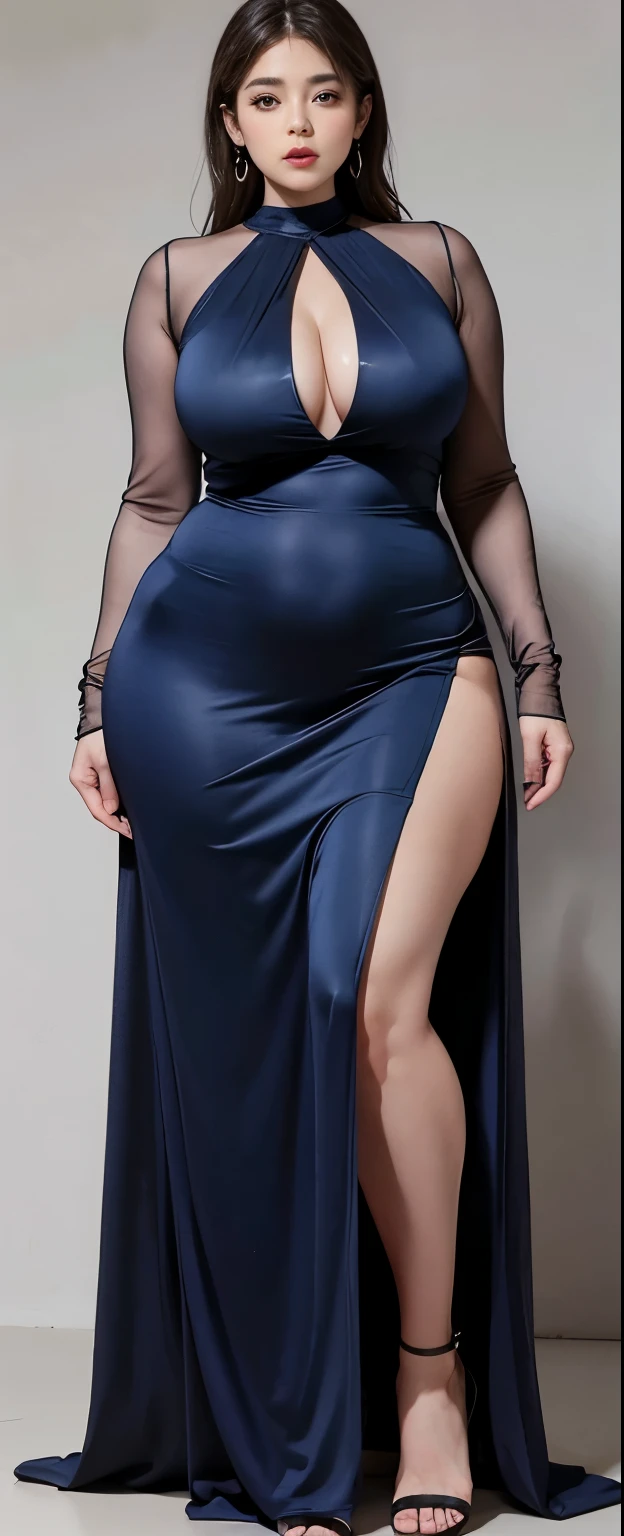 Chubby woman with fat belly and tight thighs, full body, 50-year-old mature woman, thick hips, thick neck, thick chest, big eyes, wearing a longest dress