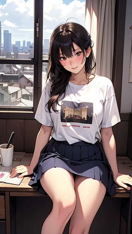 Japanese high school girl, wearing t-shirt and skirt, studying in her room during summer vacation, cityscape and white clouds visible through wooden window bars, textbook and coffee cup on wooden desk, left hand on cheekbones, right hand resting on notebook