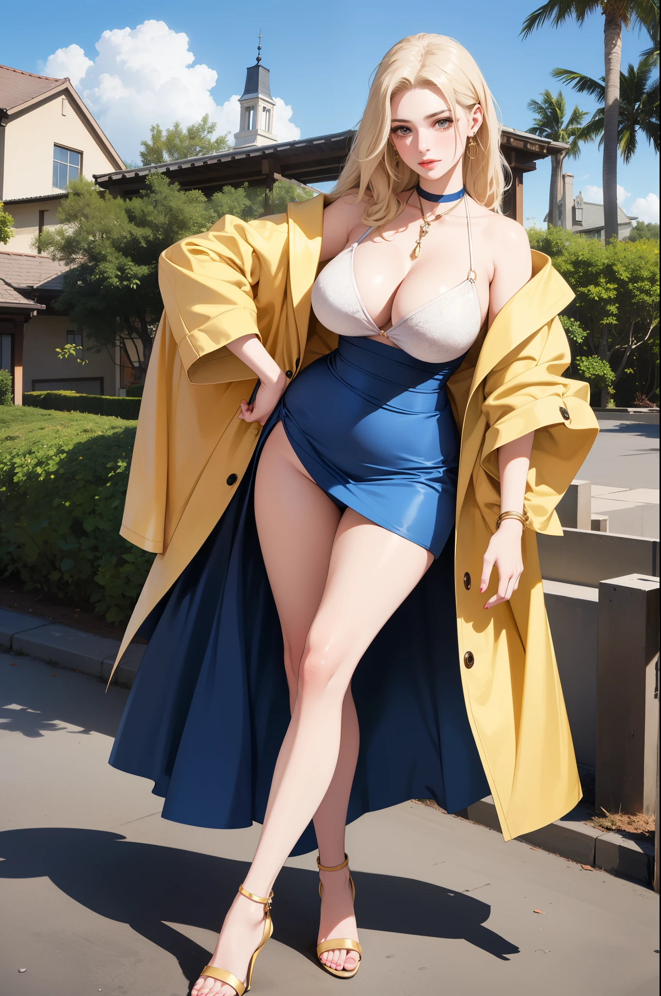 An extremely beautiful busty woman, with gold blonde long silky hair, blue oceanic eyes, extremely super bright snow white fair stunning flawless glowing lush shiny white skin, and complexion, a perfect tight hourglass figure, a thick plump ass, cleavage, and perfect hips, wearing a short loose revealing sky-blue floral dress with a sash around waist with a white off-shoulder cardigan, yellow heels, jewelry on the neck, silver bangles on her wrist, and gold anklets on her legs, gold earrings, gold chain on the waist, a shiny blue ring on the finger, a cute adorable smile on pink puffy lips, pink nails, red rose on hair, standing straight, holding a big bouquet, looking at the viewer, big house in the background, day time, show full body from head to feet.