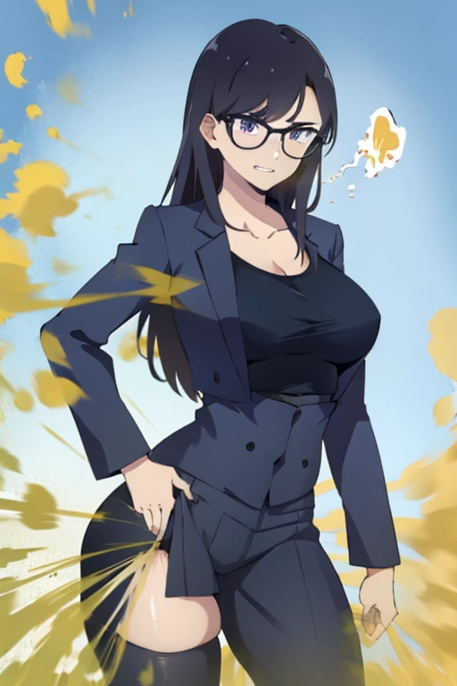 HD, high quality, high resolution, ultrahd, Hizuruminakata, wearing default outfit, black suit, default hair, black hair, tall body, big body, matured looks, farting, fart, yellow fart, massive fart, velocity, farts, yellow smoke, clenching teeth, bending forward, leaning, hand on tummy, farts, farts from ass, viewing ass