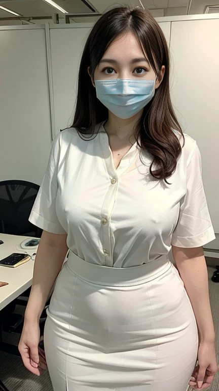 (highest quality:1.2),(8k:1.2),(masterpiece:1.2),(High resolution:1.2),(Realistic:1.3),(Mature woman in her 50s),(Japanese women:),The background is the office,(Huge breasts:1.1),Semi-long hair,Full Body Shot,(Business uniforms that accentuate the shape of the breasts:1.1),(Ecstatic expression:1.1),(thin:1.2),(beauty:1.2),(Tight waist:1.2)、(In a long tight skirt)、Slim and beautiful legs,Seductive pose、A gentle smile、A gaze that seduces viewers、Alone、In an empty office、((Wearing a white mask to protect against coronavirus))、
