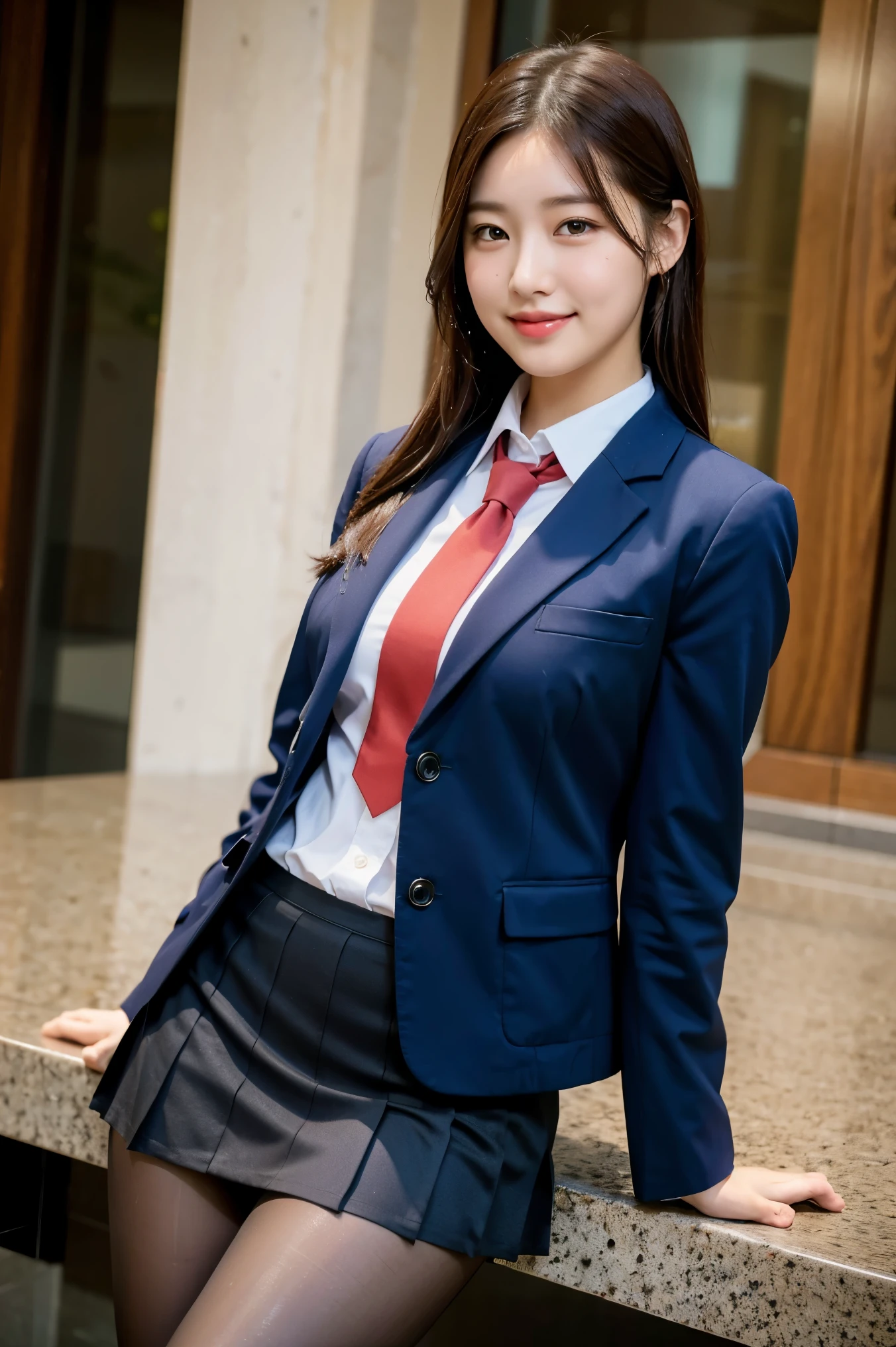 (8k), (highest quality: 1.2), (Realistic), (Realistic: 1.37), Ultra-high resolution, 1 girl, cute, smile, Mouth closed, Beautiful details, Beautiful Nose, Wet Hair, Giant Dulcefo, pork, Thighs,Navel exposed,University Student Uniform,A simple blazer,Pleated skirt,Are standing, natural pantyhose , medium shot ,Thick thighs,Close up on thighs