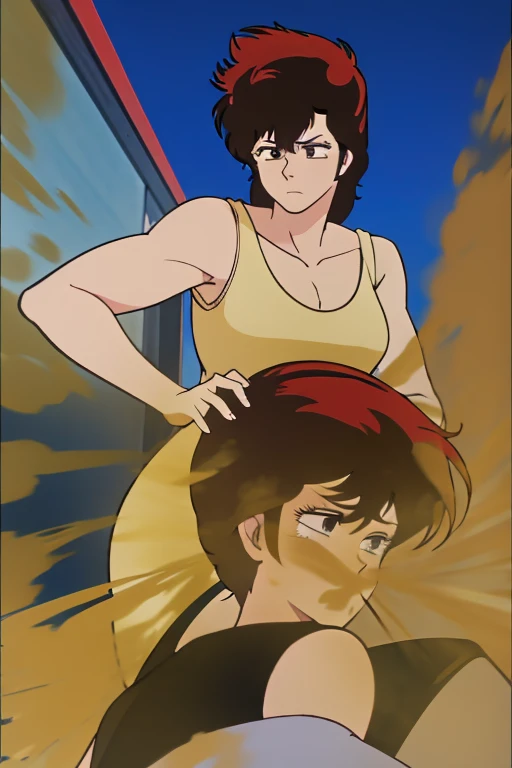 HD, high quality, high resolution, ultrahd, Kaori Makimura, wearing casual outfit, default hair, brown hair, tall body, massive fart, velocity, yellow smoke, clenching teeth, wide eyes, bending body