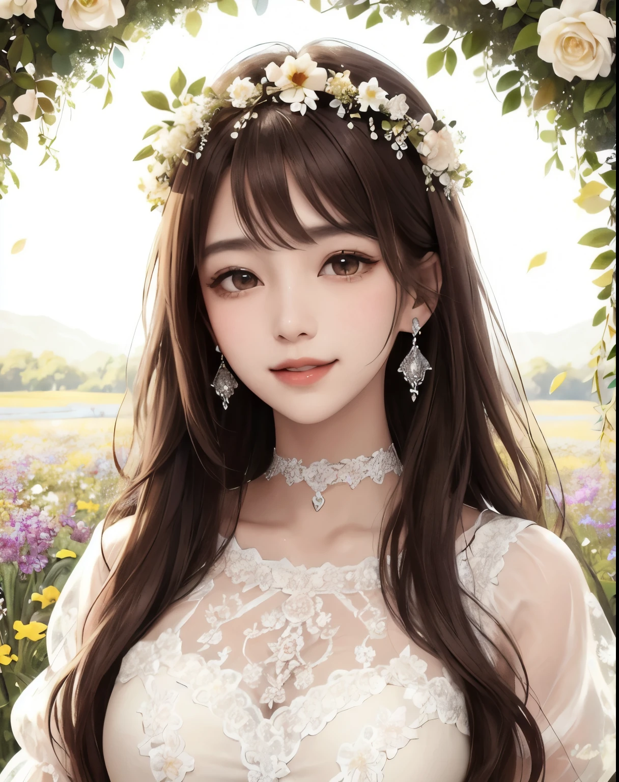 highest quality、masterpiece、
vivid、beautiful girl、1 person、wide double eyelids、Big eyes、Sepia eyes、Upper Body、Japanese、Long Hair、Brown Hair、((White lace dress、organdy))、Princess、Princess、clear、choker、Earrings、Flower Field、sun、Daytime、bright、vivid、Flower Crown、Natural smile