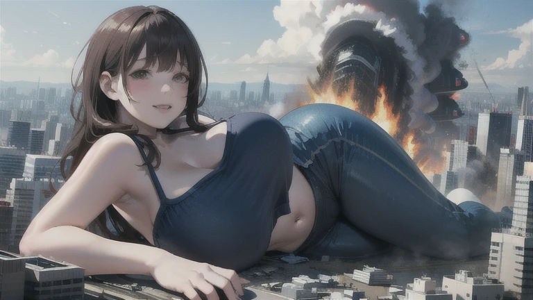 highest quality、High resolution、Detailed Background)、(Highly detailed beautiful face:1.4)、cute  girl、Brown hair or cute hair color、Huge breasts、Realistic、Perfect body line、Thick thighs、Attractive big ass、cute、Beautiful girl taller than a building、aerial photograph、aerial photograph、Sit in the building、Destroying the city with a smile、 (A giant girl bigger than a skyscraper destroys the city of Shibuya:1.5)、cute、 bikini、cute、Lying down